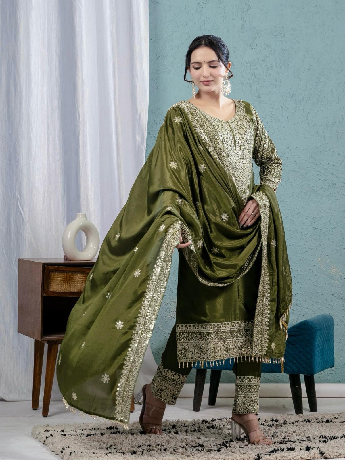 Embellished Green Readymade Pakistani Salwar Kameez
