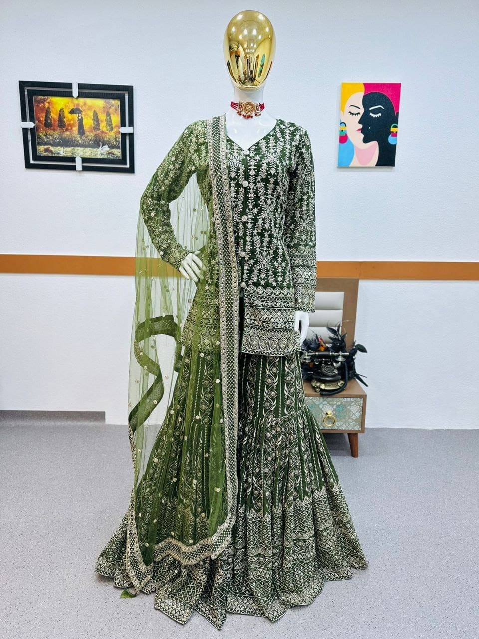 Pakistani Style Green Sharara Suits For Girls