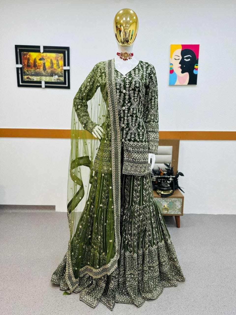 Pakistani Style Green Sharara Suits For Girls