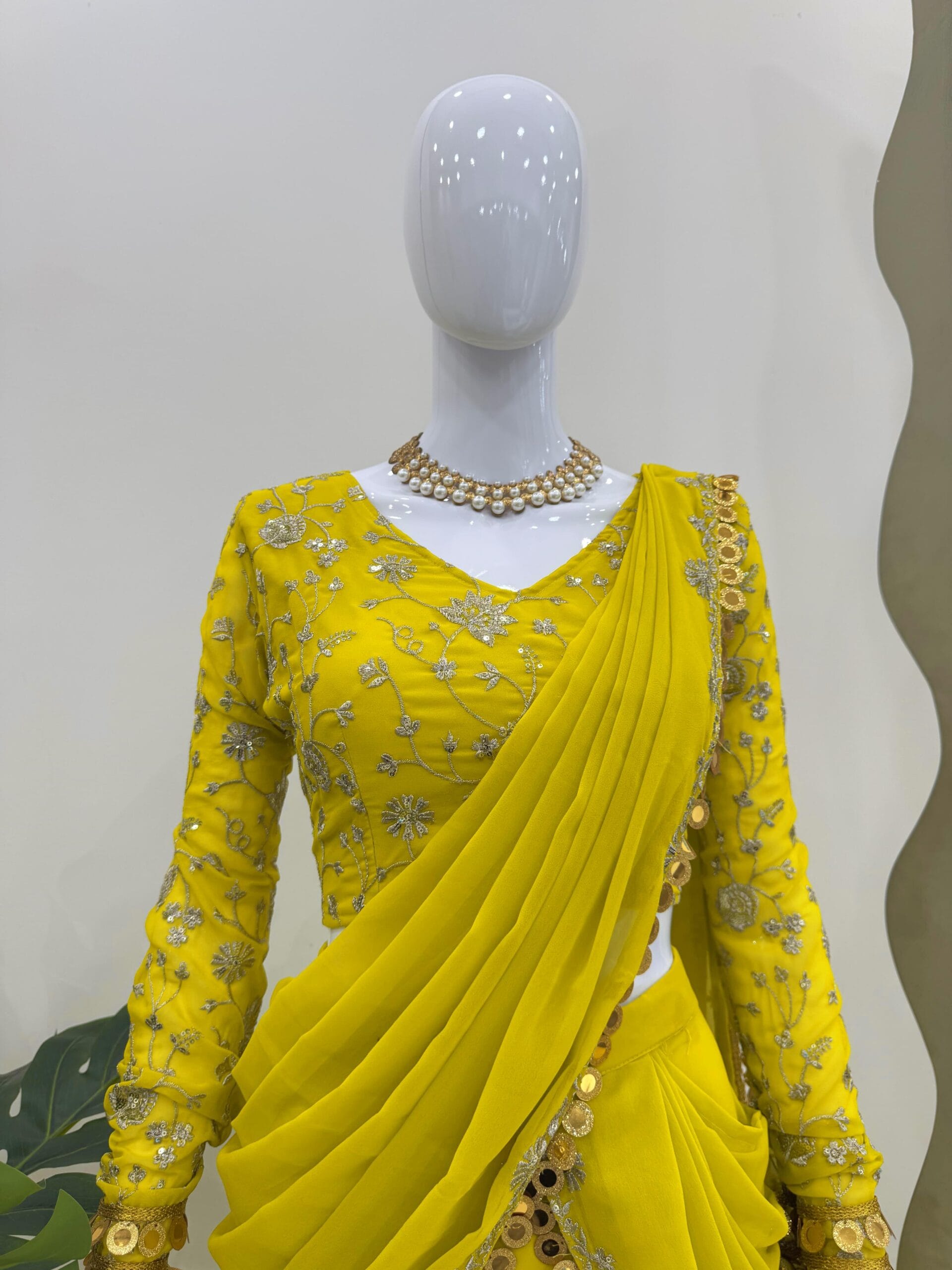 Trending Yellow Haldi Wear Lehenga Saree For Girls