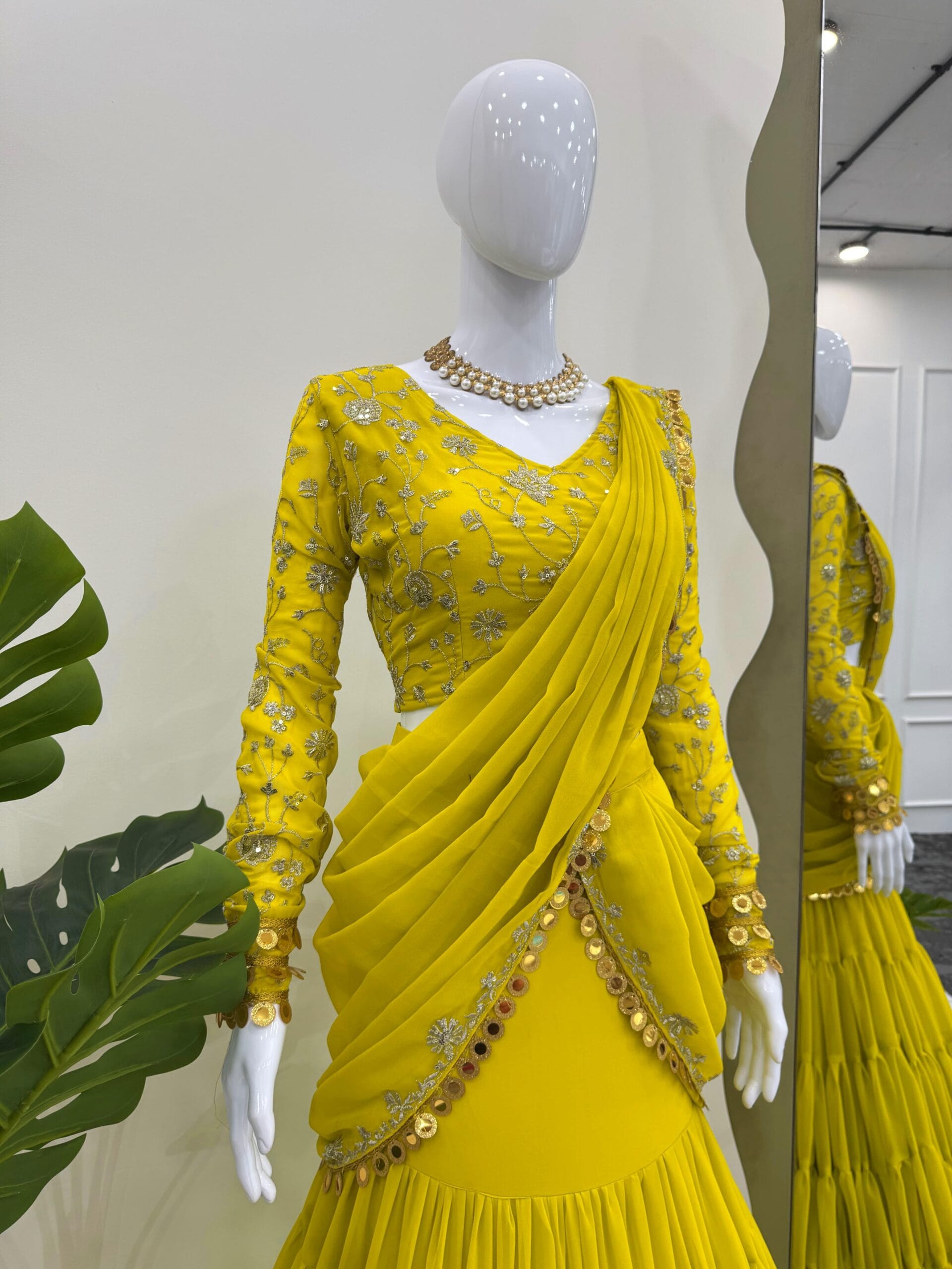 Trending Yellow Haldi Wear Lehenga Saree For Girls