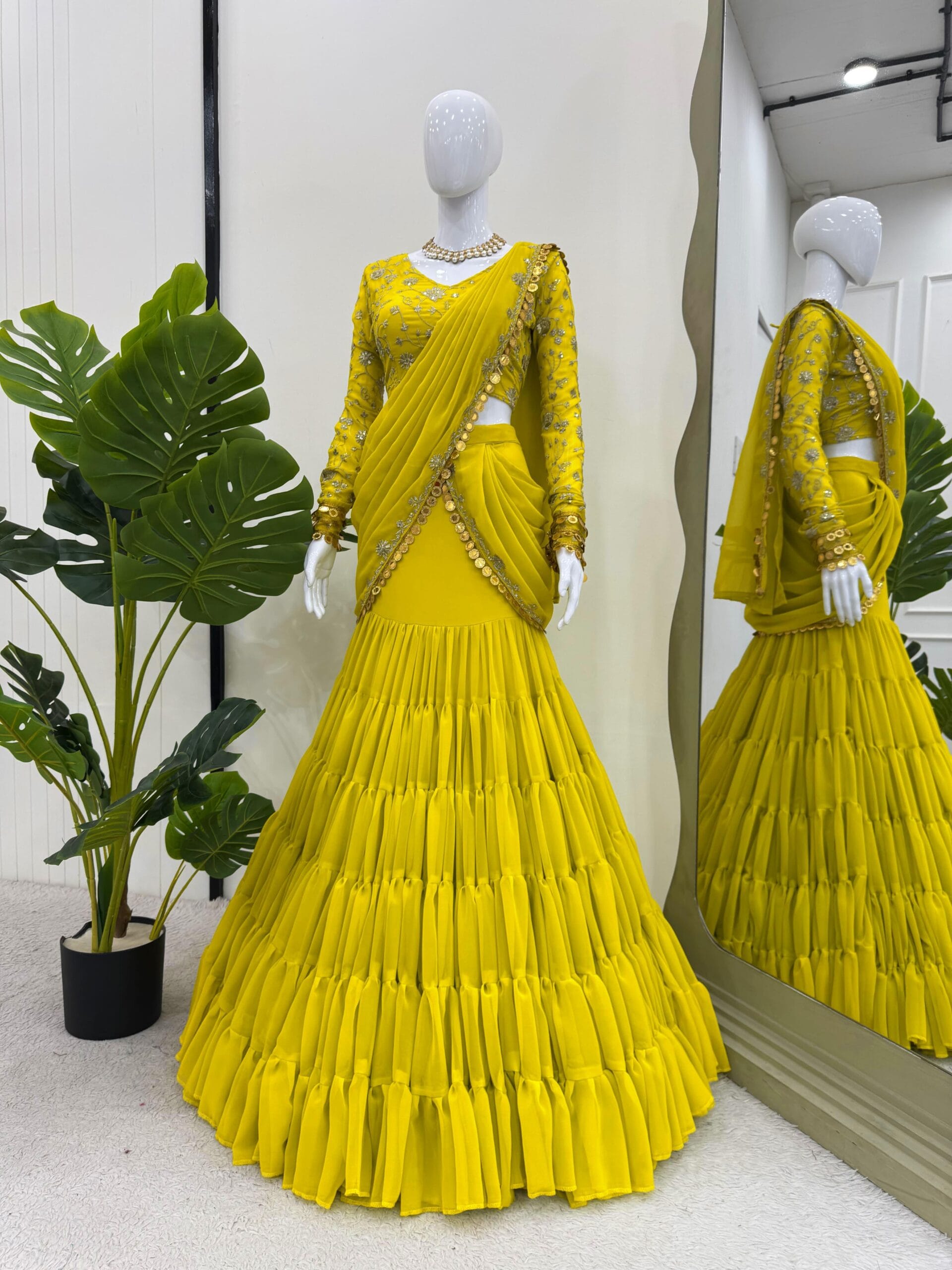 Trending Yellow Haldi Wear Lehenga Saree For Girls