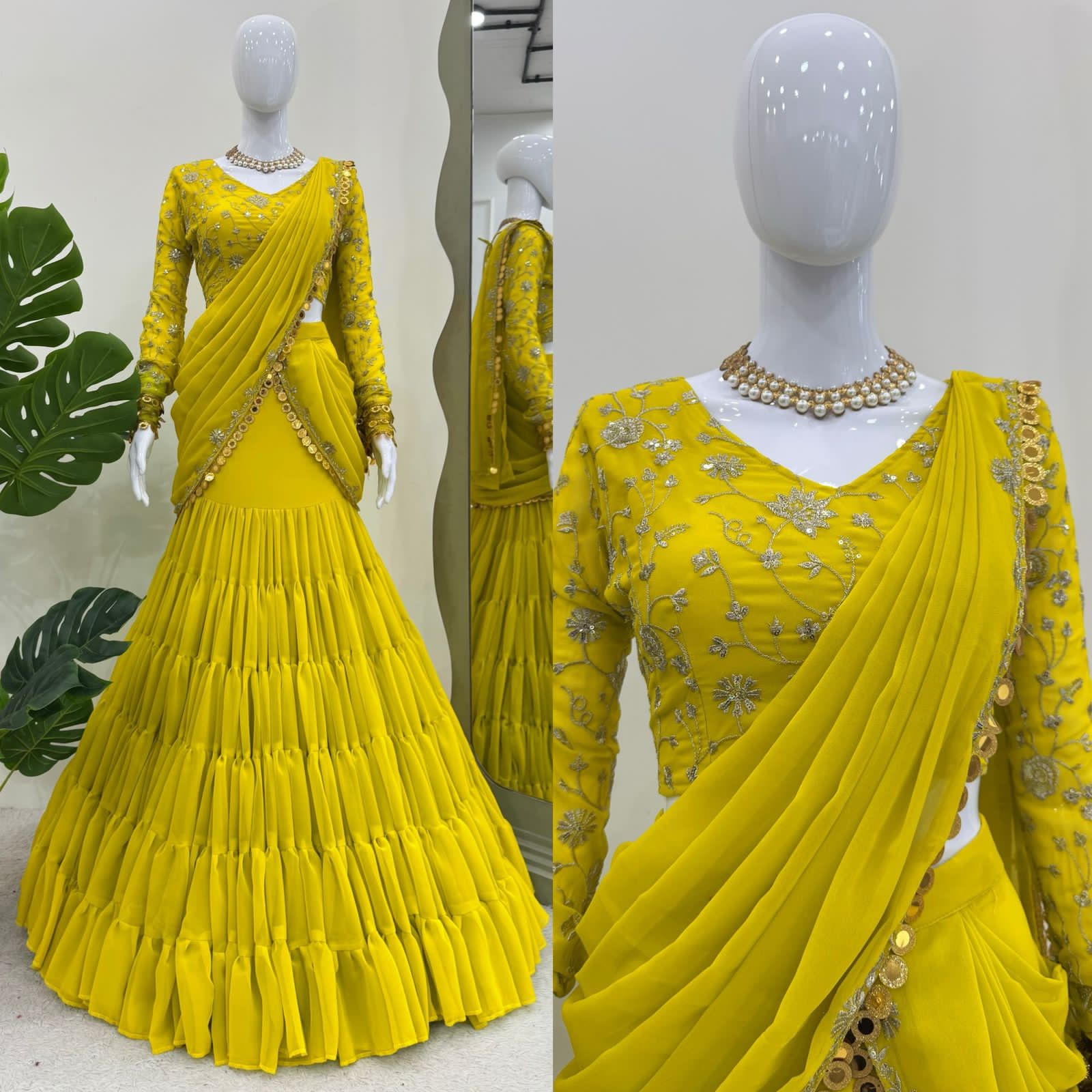 Trending Yellow Haldi Wear Lehenga Saree For Girls