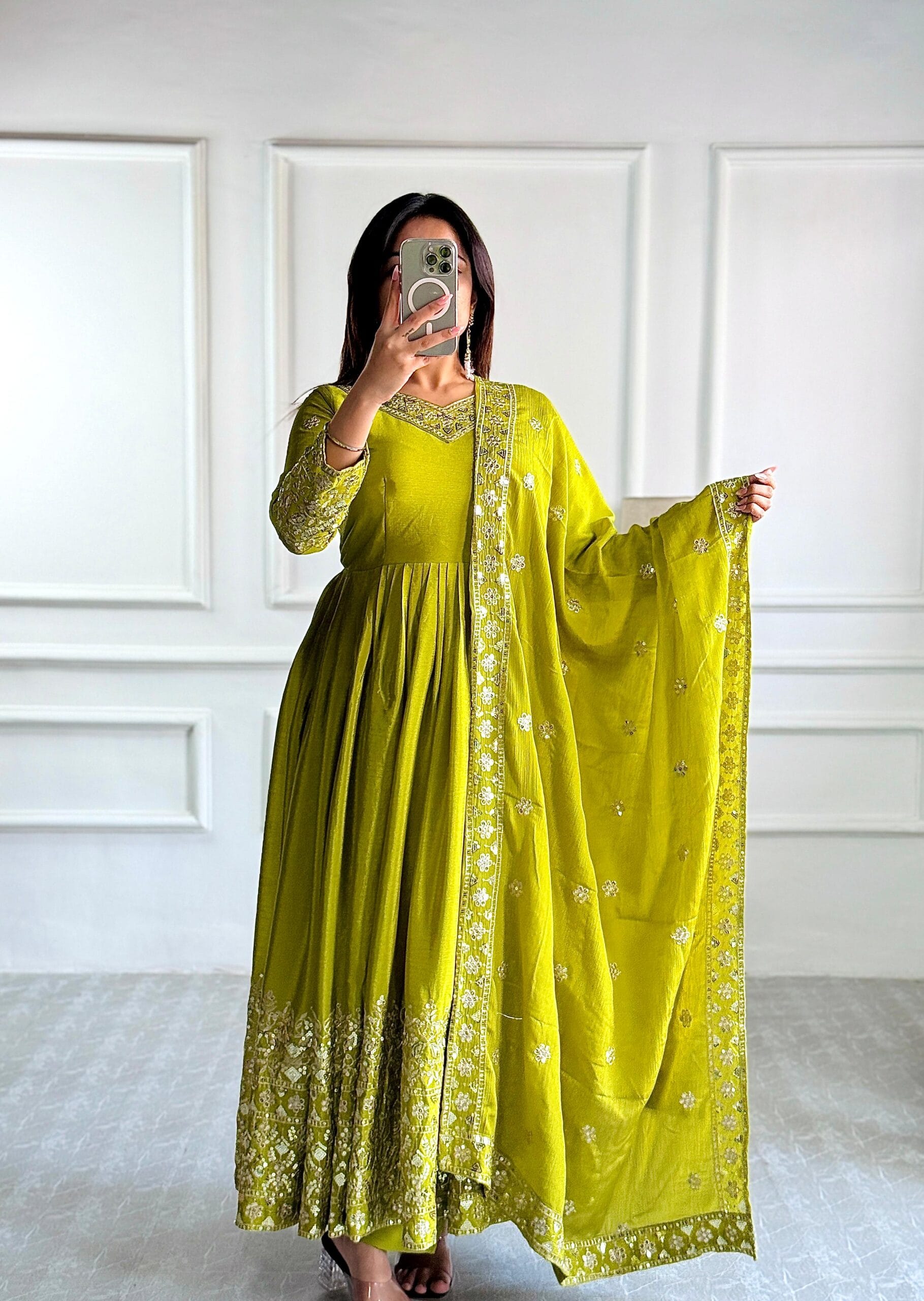 Embellished Green Color Trending Anarkali Gown With Heavy Embroidery Sequence Work