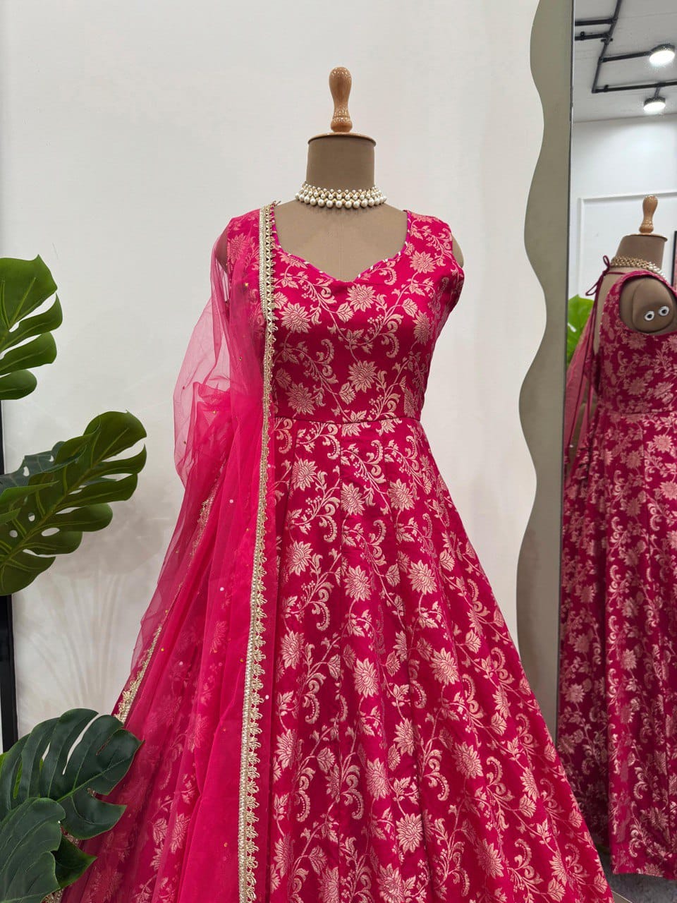 Red Color Jacquard Silk Gown Dupatta Set
