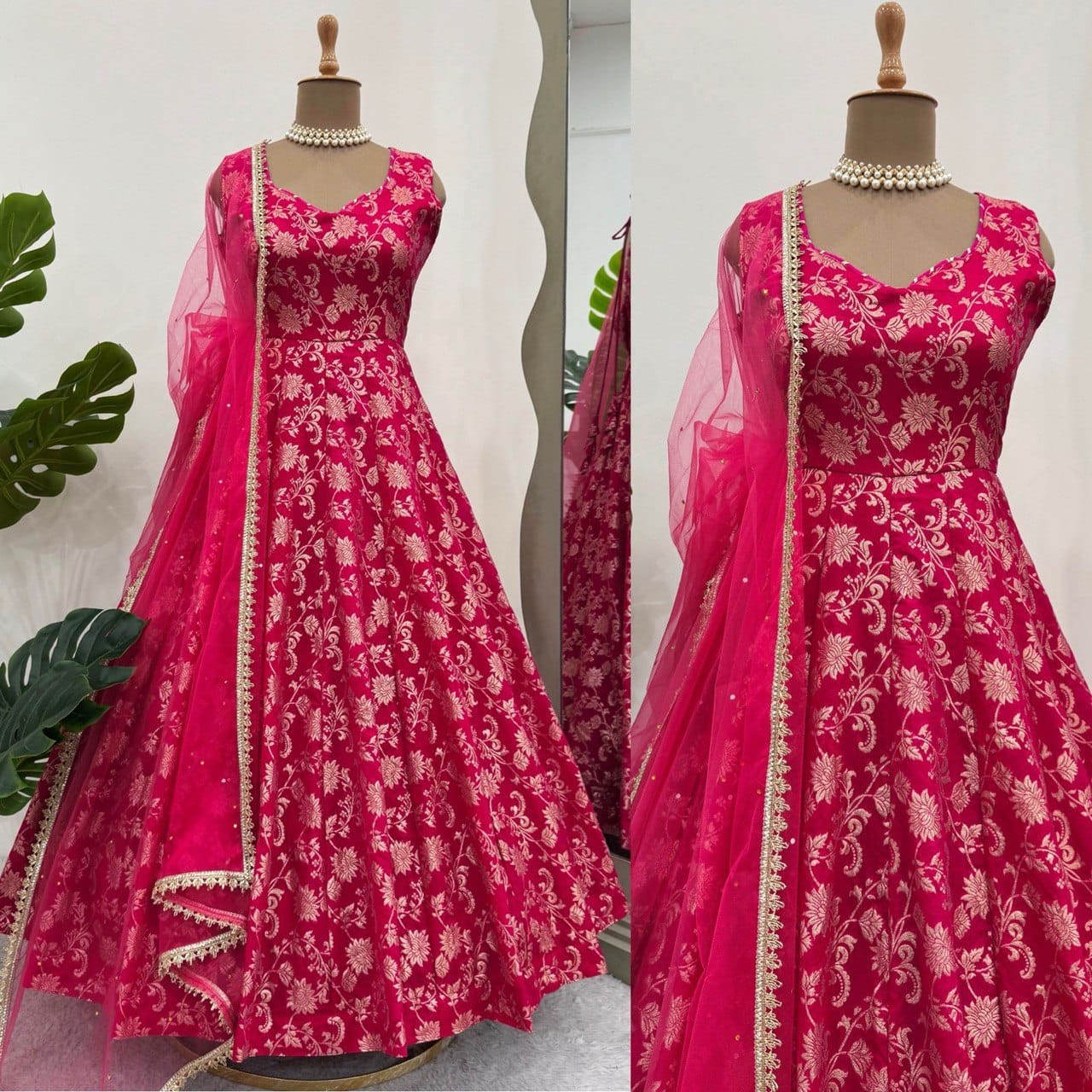 Red Color Jacquard Silk Gown Dupatta Set
