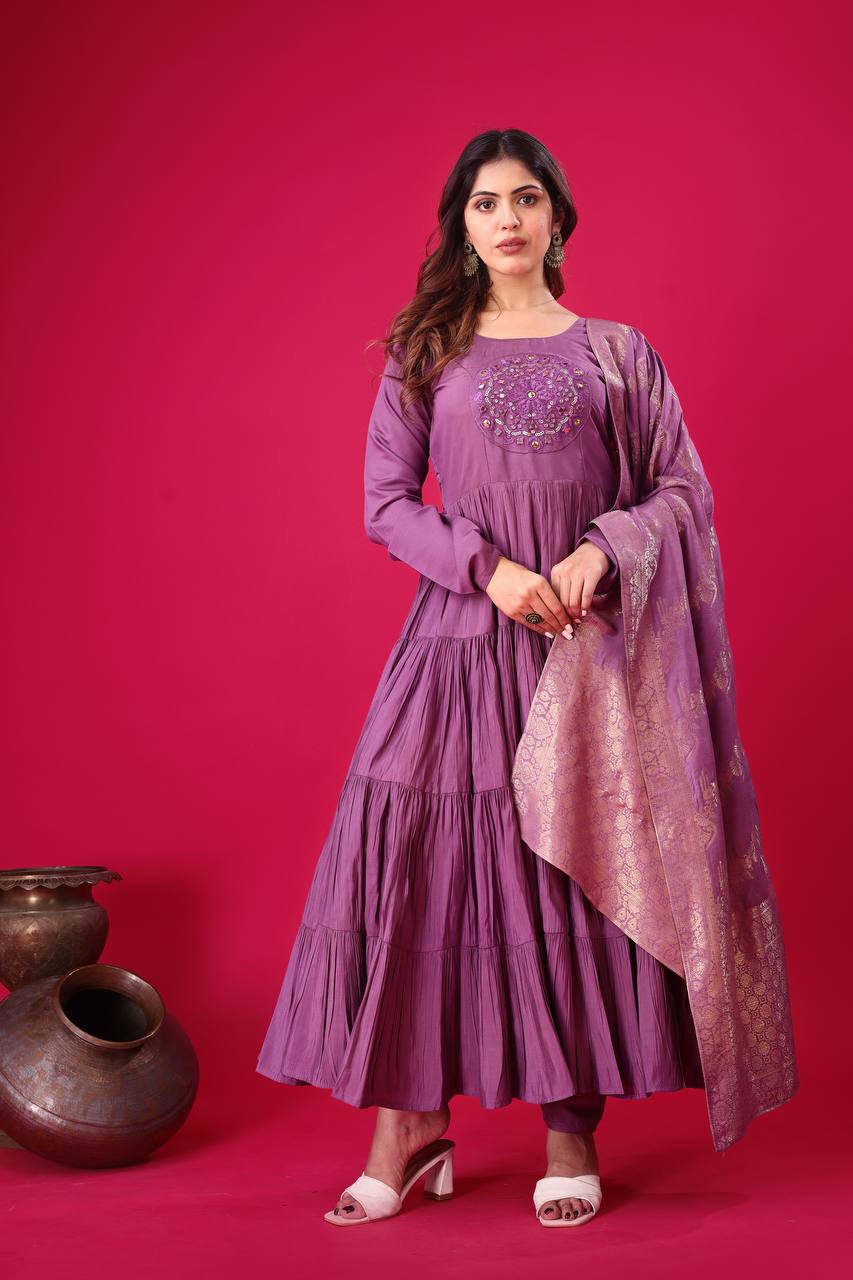 Readymade Big Flair Gown With Jacquard Dupatta Set
