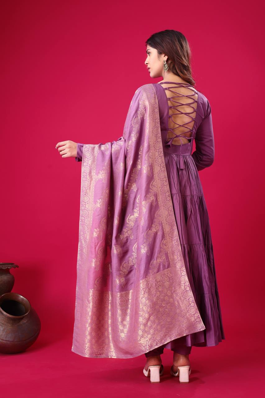 Readymade Big Flair Gown With Jacquard Dupatta Set