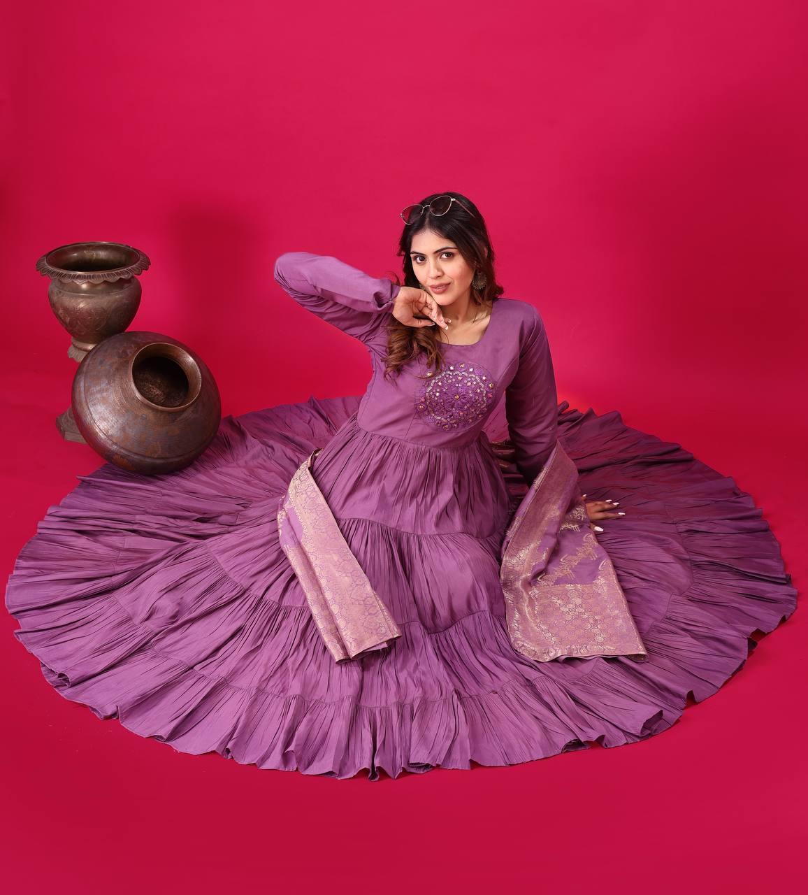 Readymade Big Flair Gown With Jacquard Dupatta Set