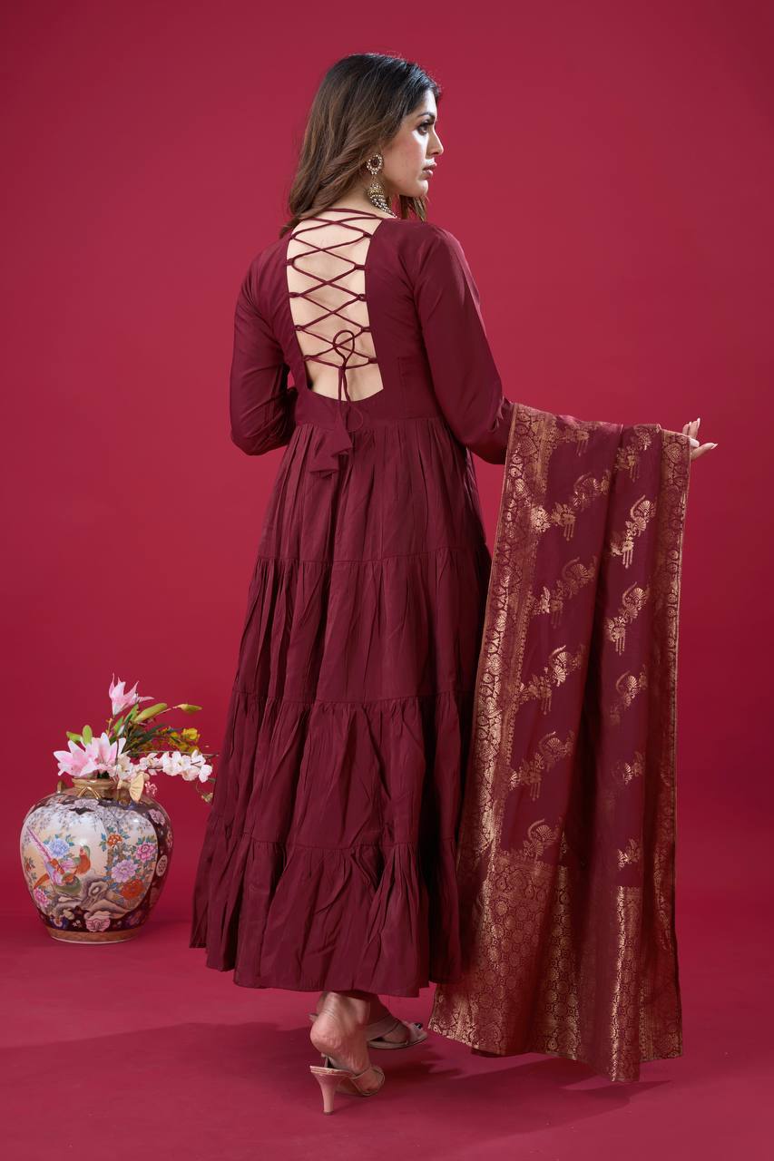 Readymade Big Flair Gown With Jacquard Dupatta Set