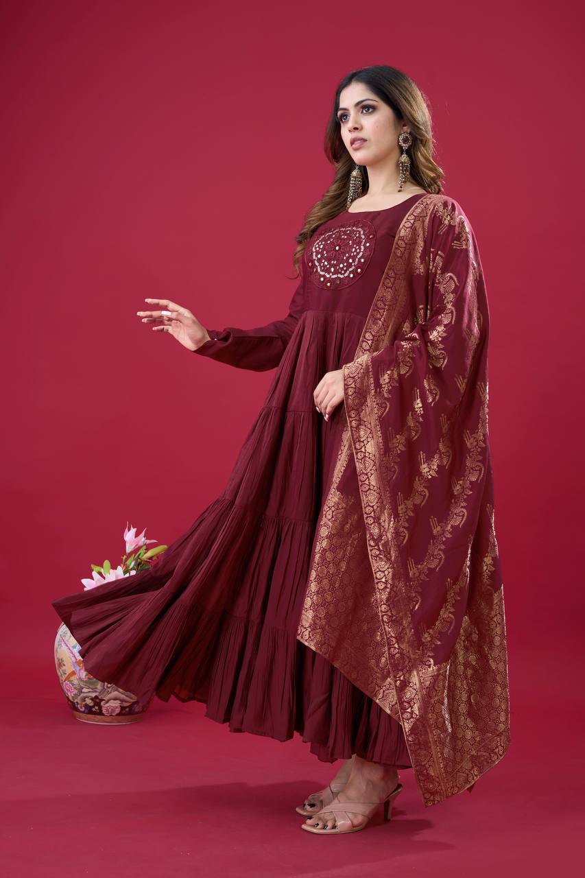 Readymade Big Flair Gown With Jacquard Dupatta Set