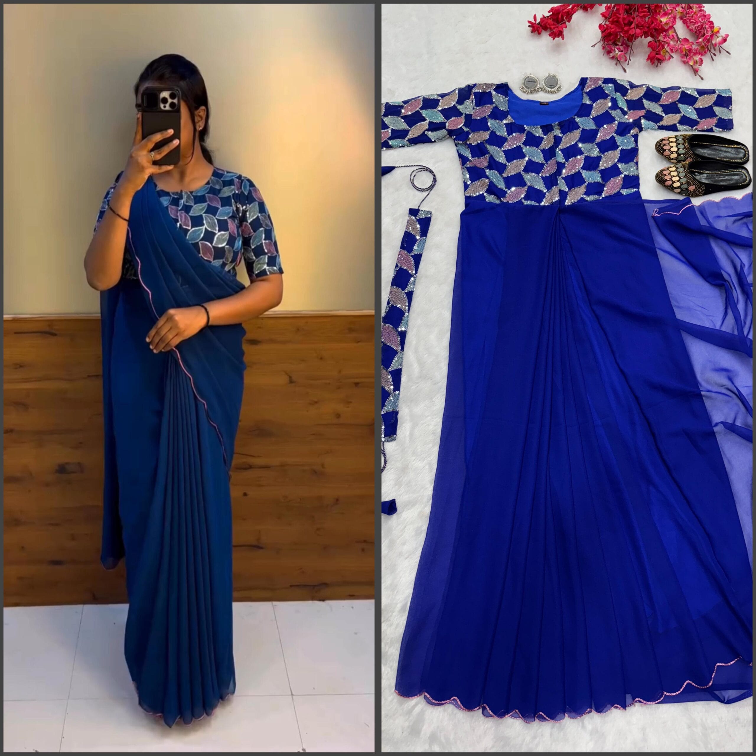New Trending Zip And Go Saree Sequence Work Viral Readymade Saree