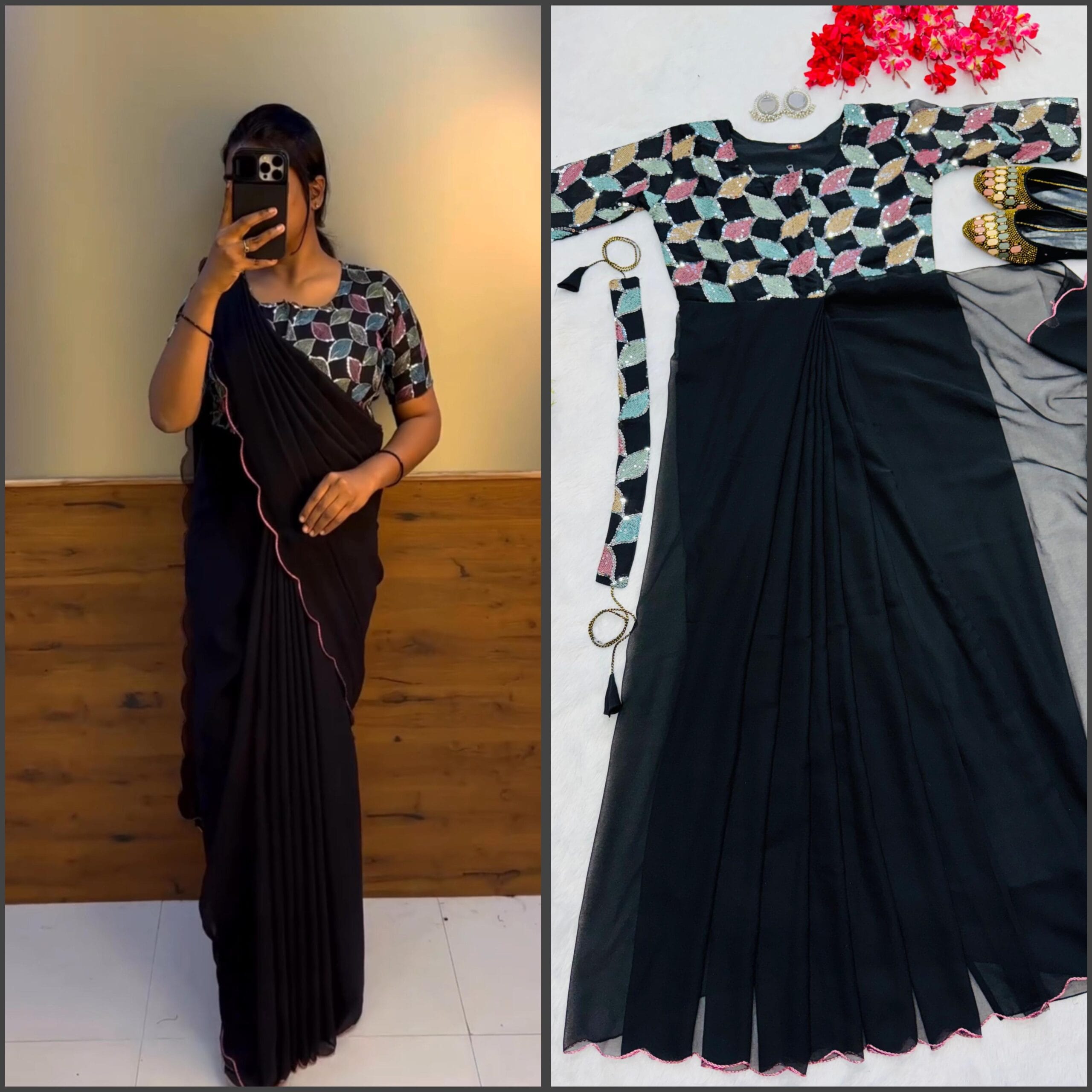 New Trending Zip And Go Saree Sequence Work Viral Readymade Saree