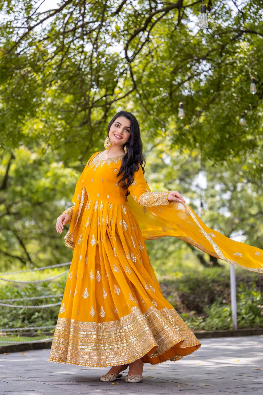 Trending Wear Heavy Embroidery Yellow Anarkali Suit For Haldi Function