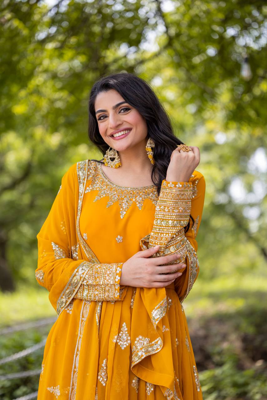 Trending Wear Heavy Embroidery Yellow Anarkali Suit For Haldi Function