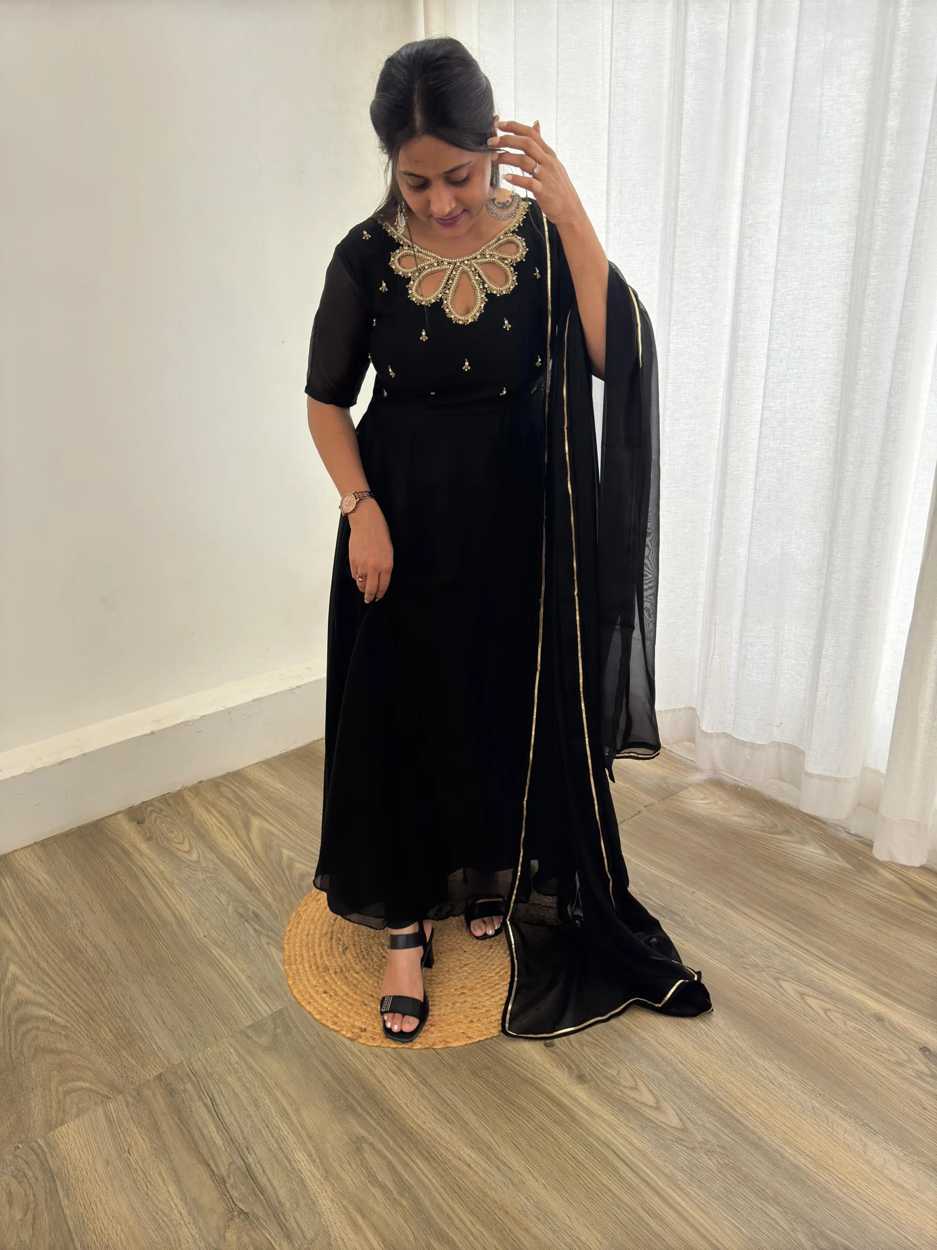 Stylish Black Gown with Dupatta With Beautiful Neck Design