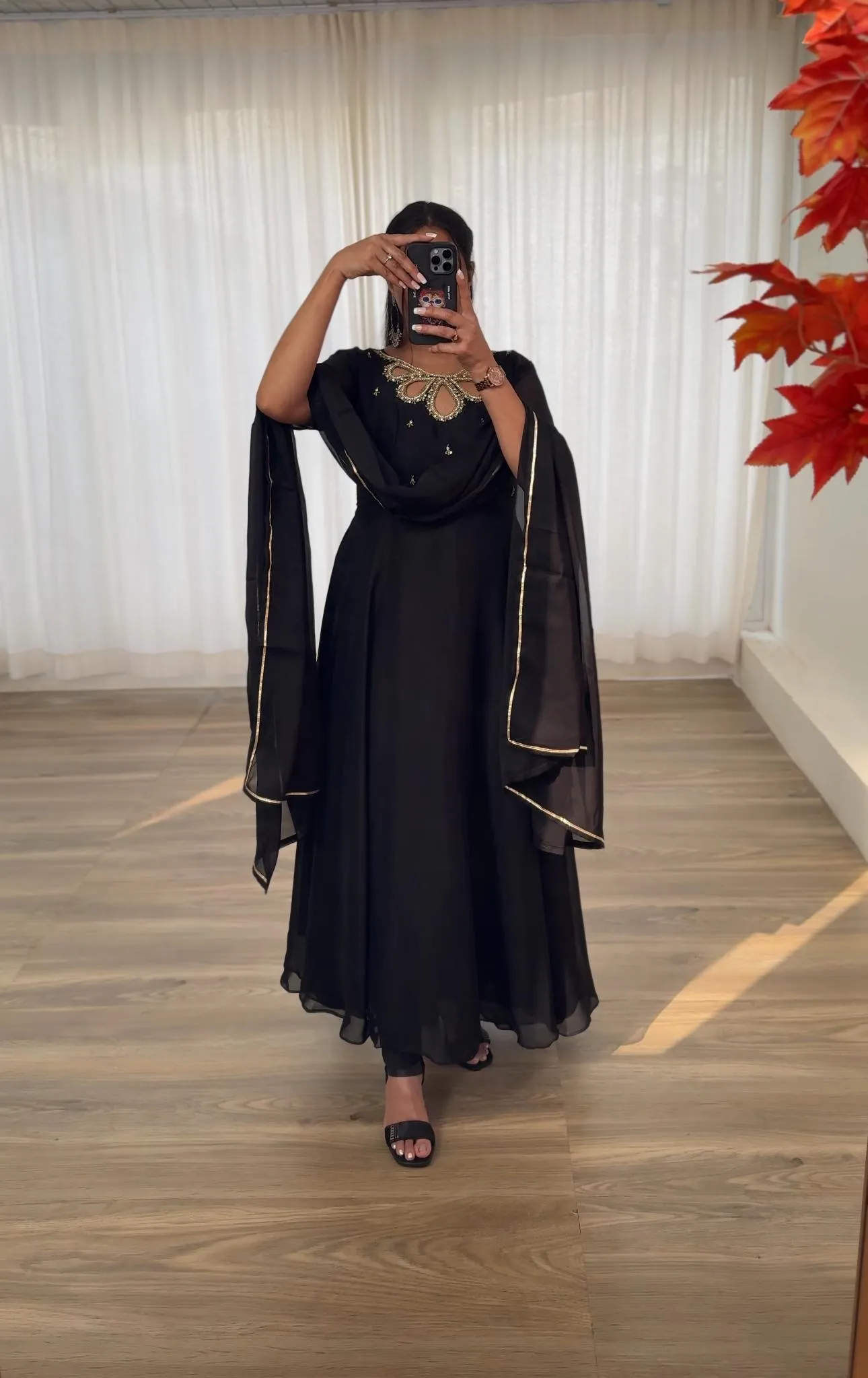 Stylish Black Gown with Dupatta With Beautiful Neck Design