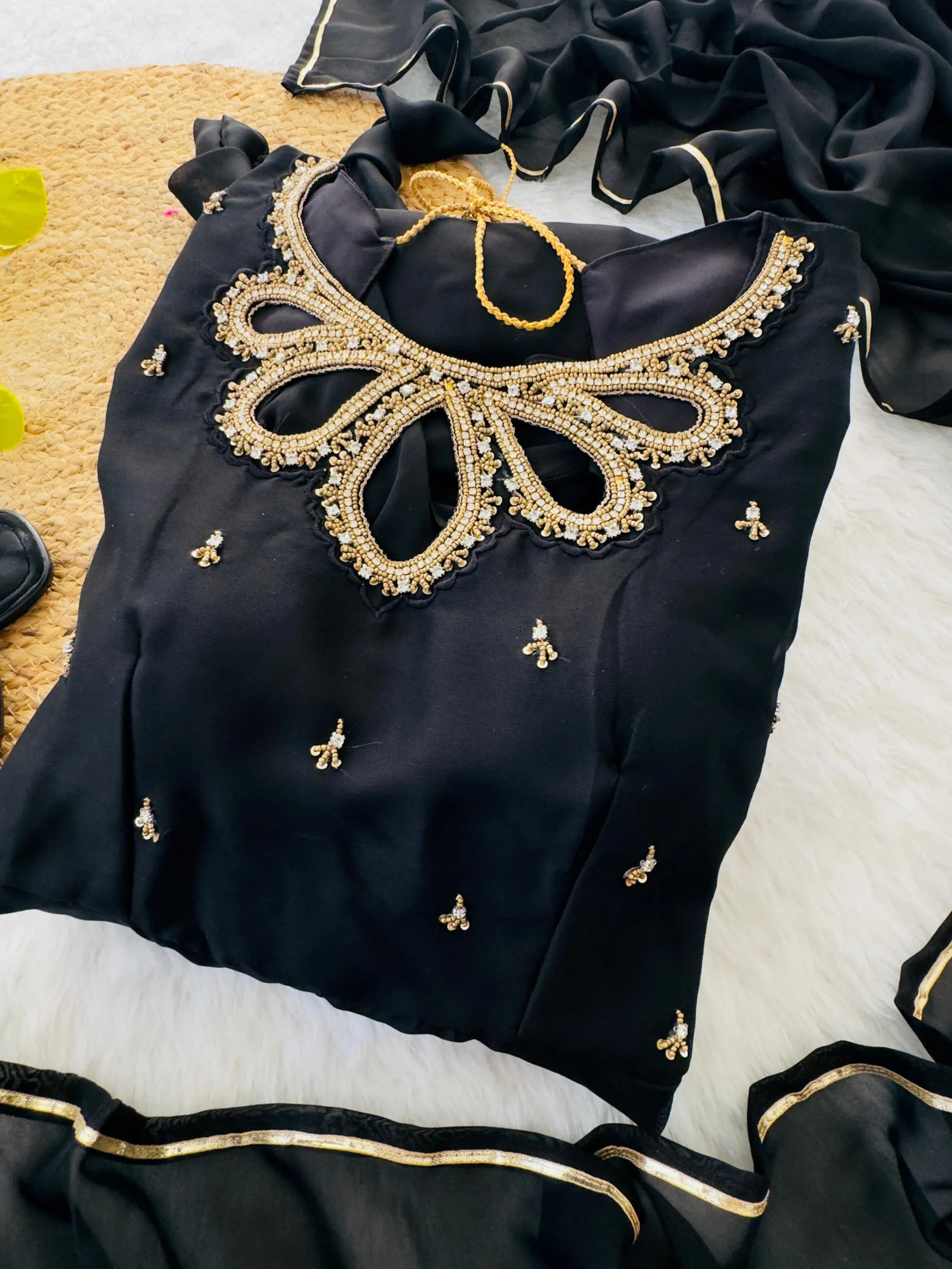 Stylish Black Gown with Dupatta With Beautiful Neck Design