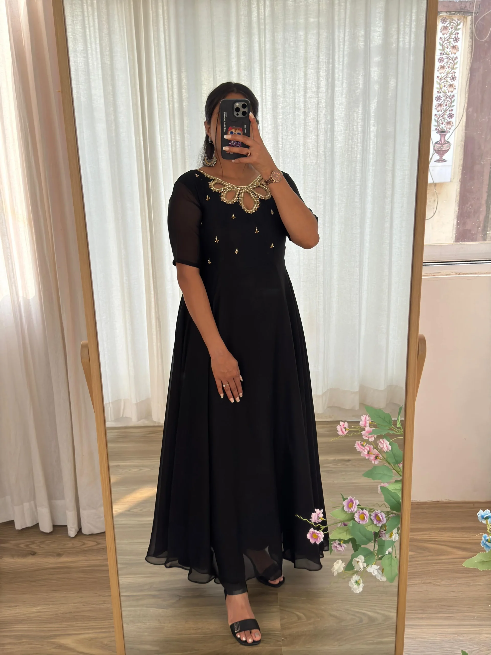 Stylish Black Gown with Dupatta With Beautiful Neck Design