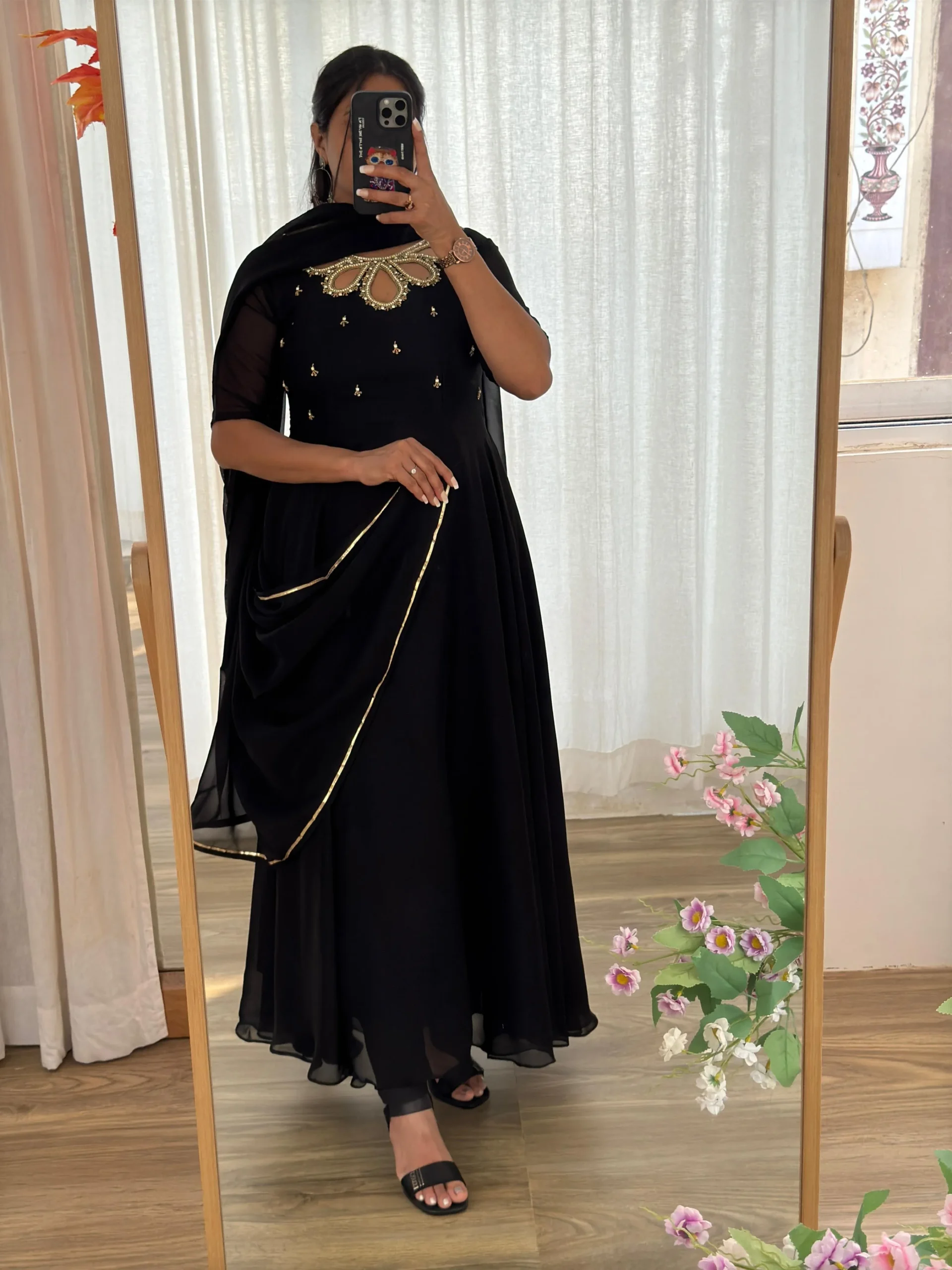 Stylish Black Gown with Dupatta With Beautiful Neck Design
