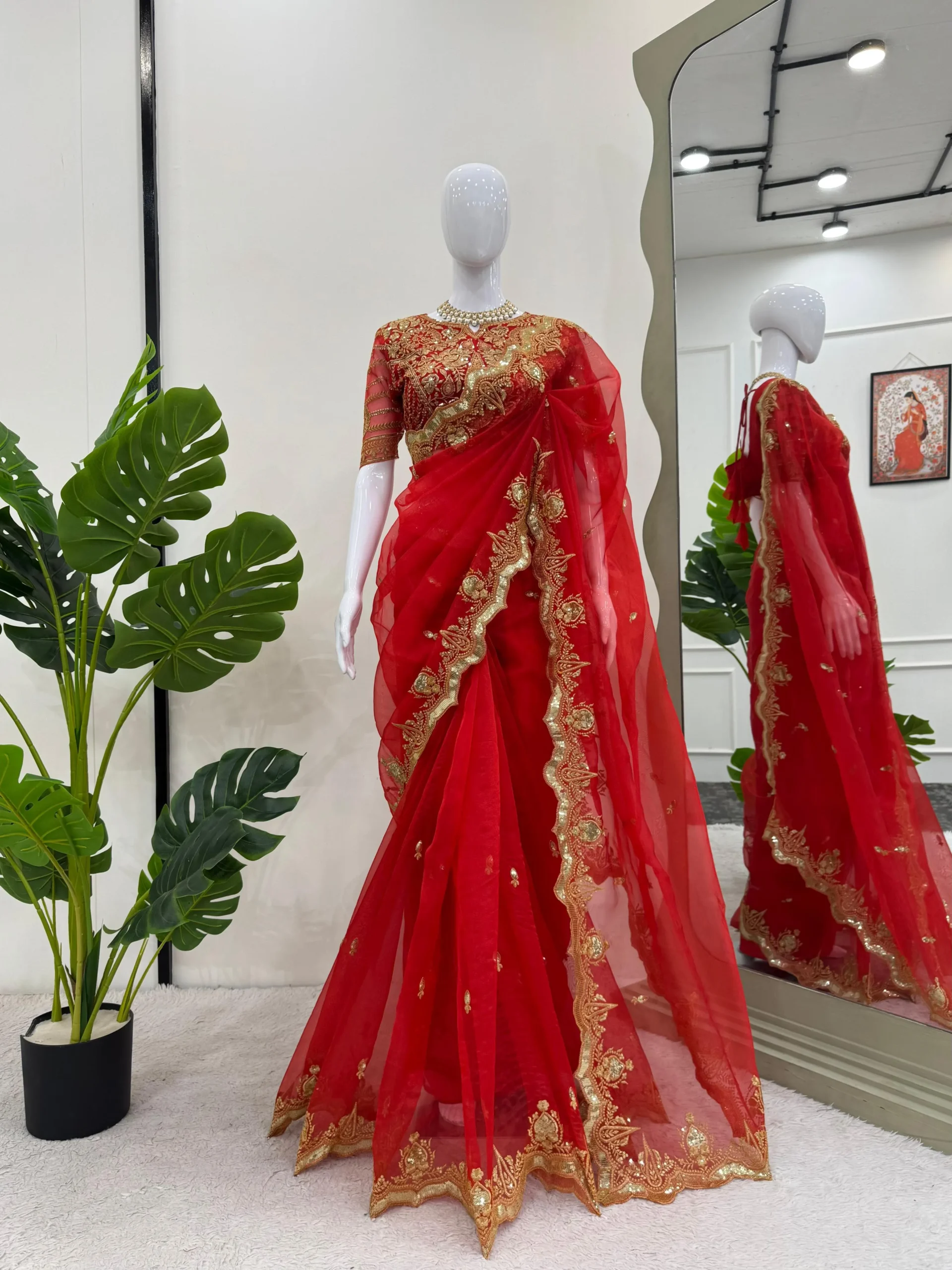 Beautiful Red Organza Saree Blouse