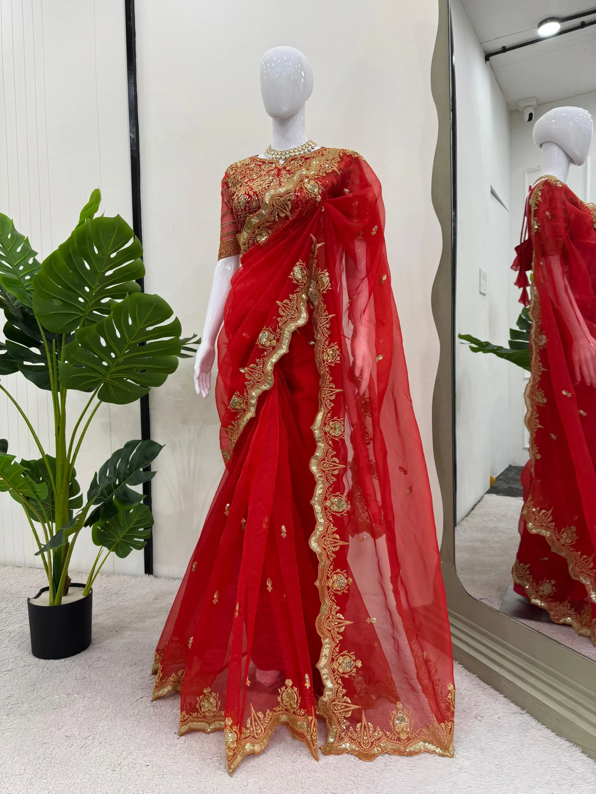 Beautiful Red Organza Saree Blouse