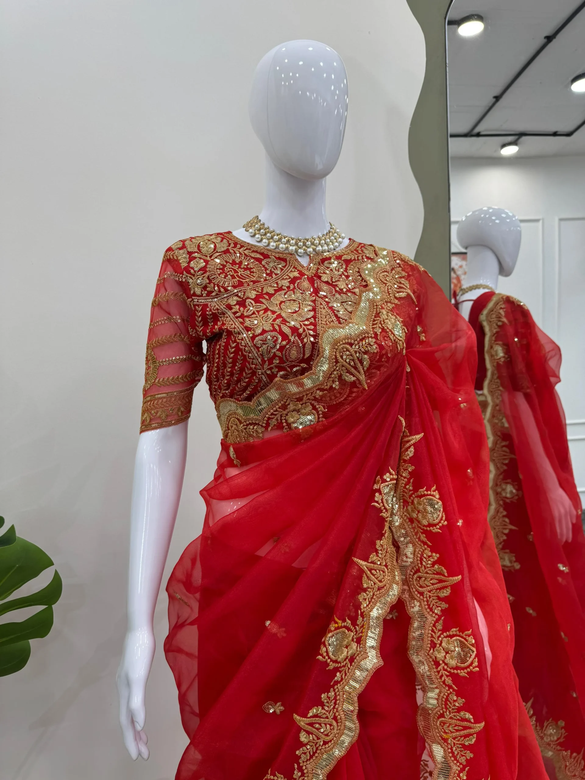 Beautiful Red Organza Saree Blouse