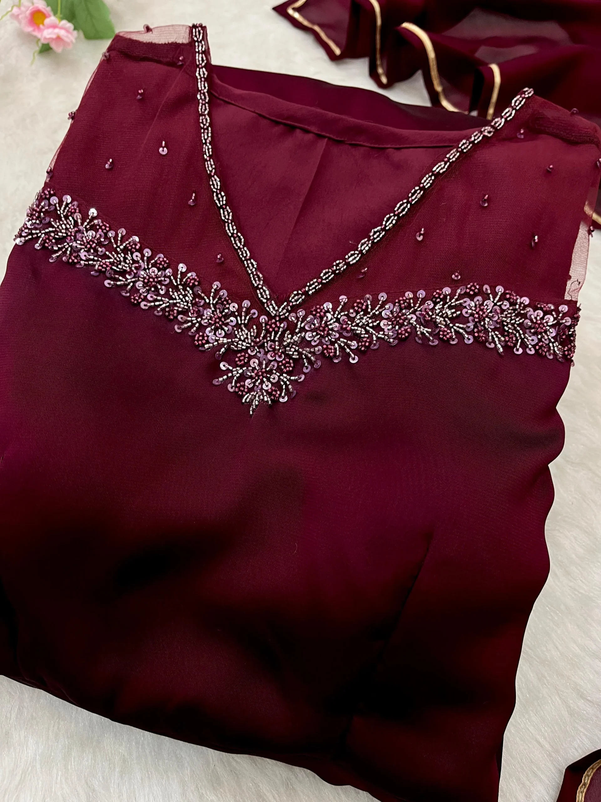 Designer Red Gown Dupatta With Handwork V Neck Design
