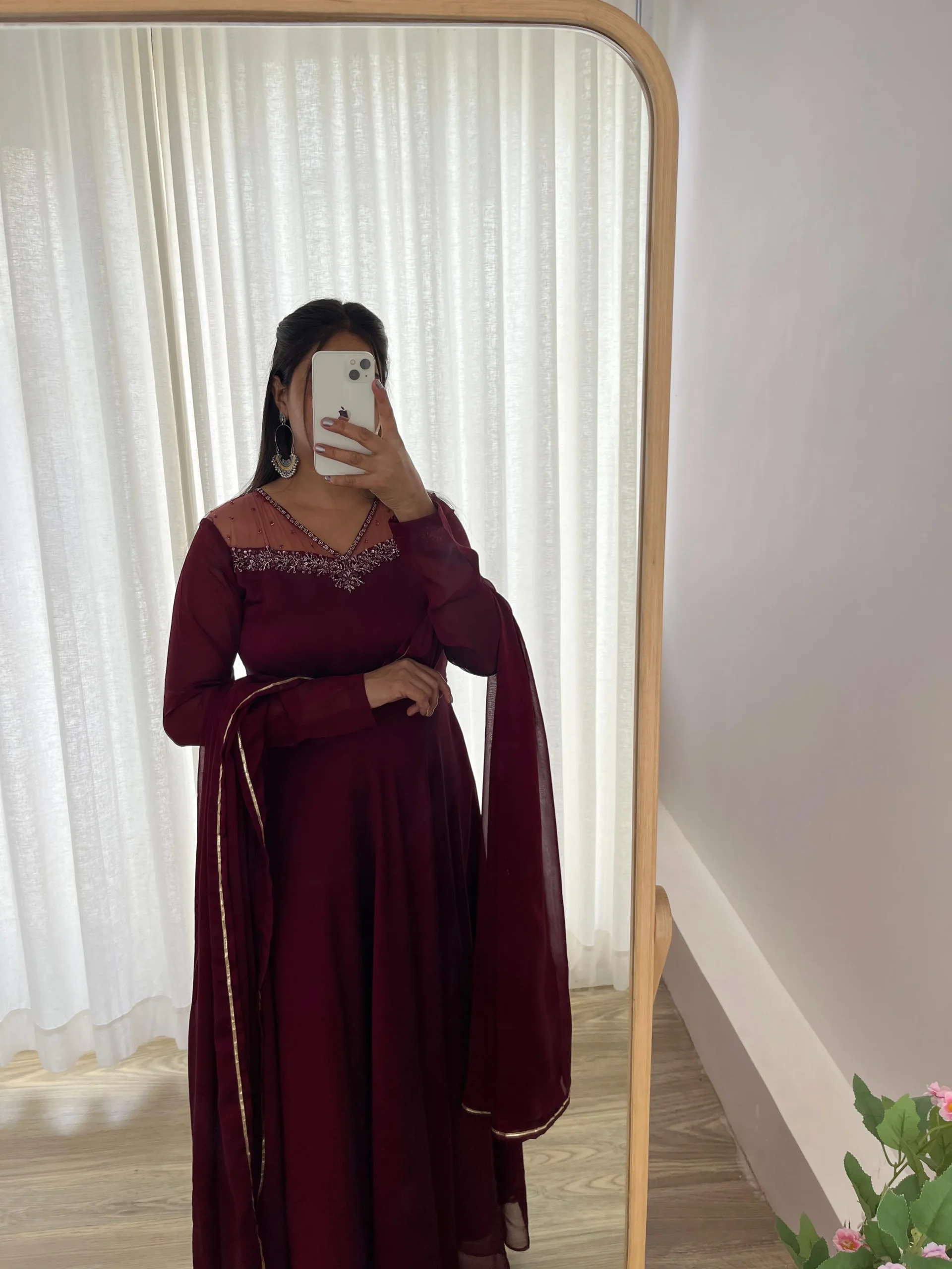 Designer Red Gown Dupatta With Handwork V Neck Design