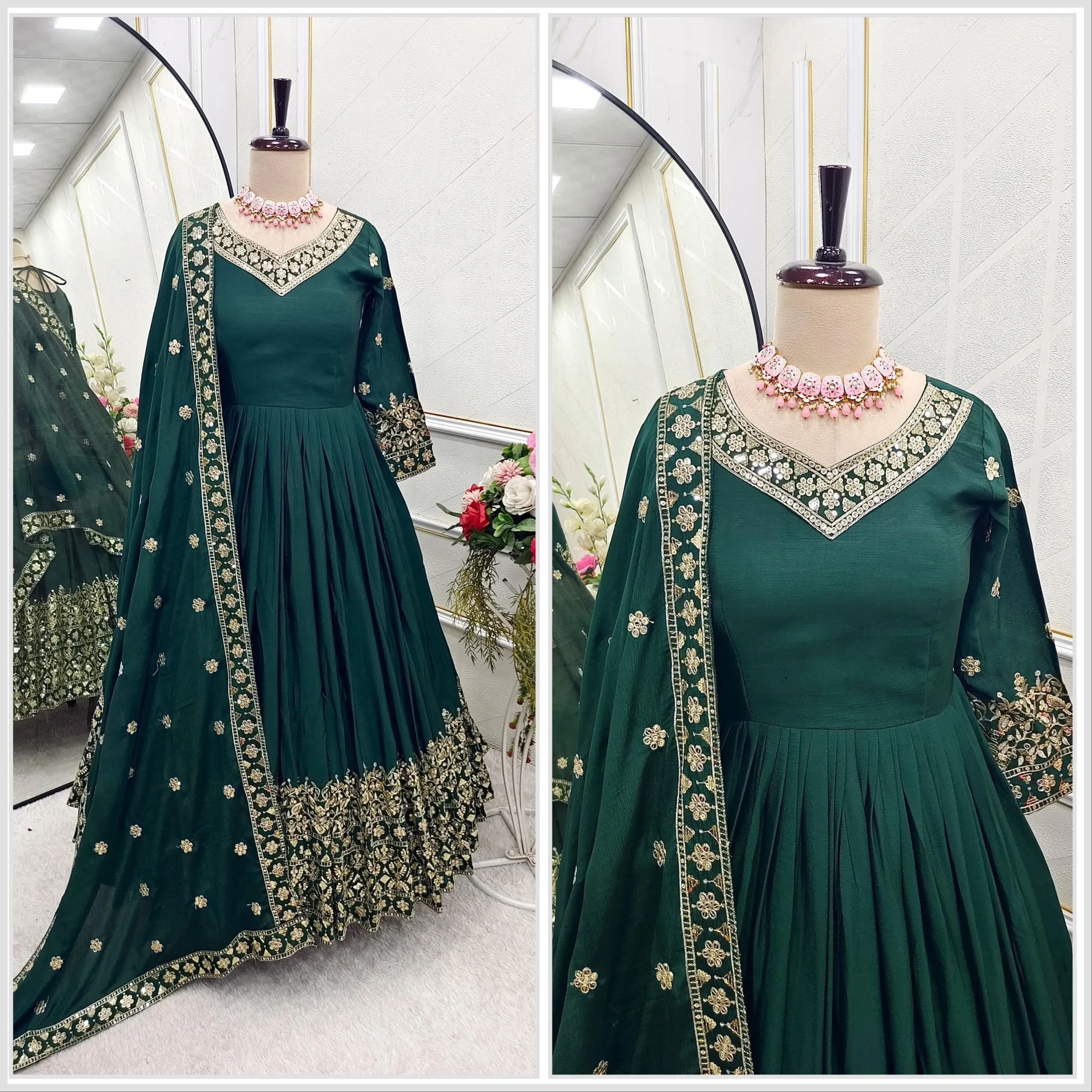 Embellished Green Color Trending Anarkali Gown With Heavy Embroidery Sequence Work