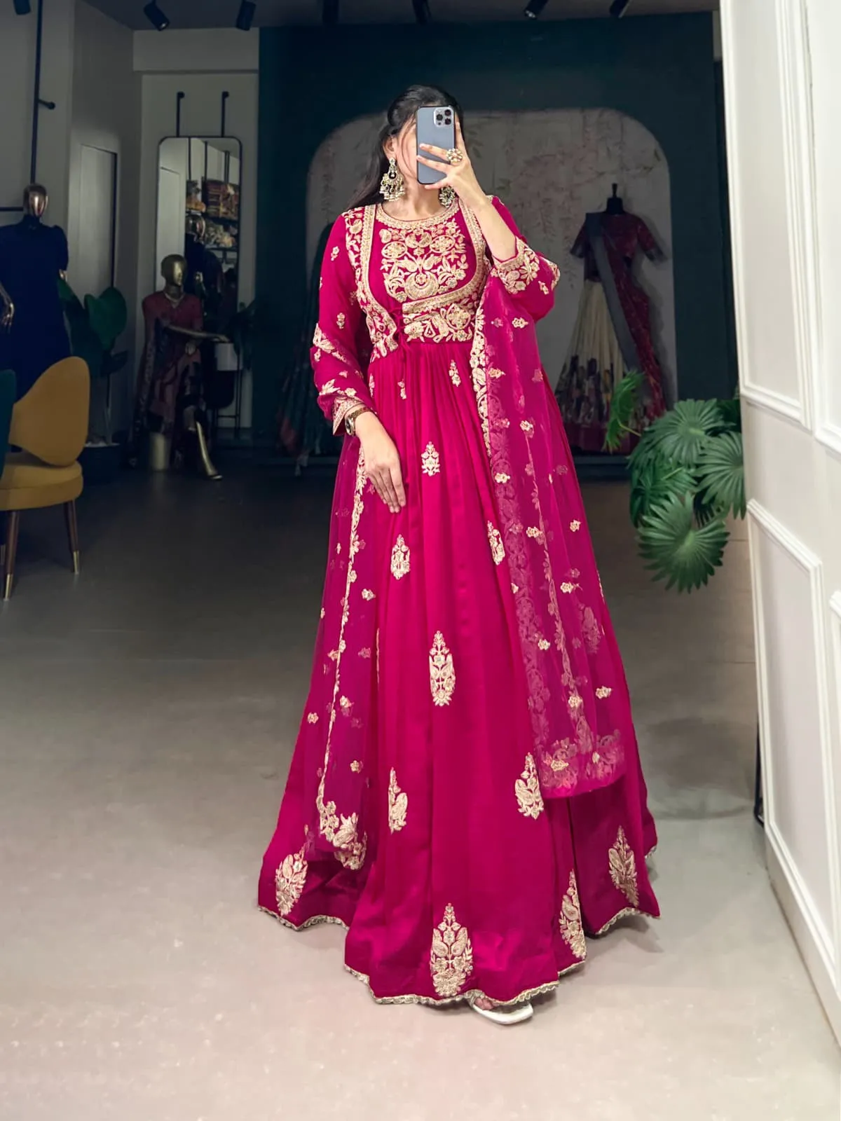 Festive Wear Silk Embroidery Gown With Dupatta