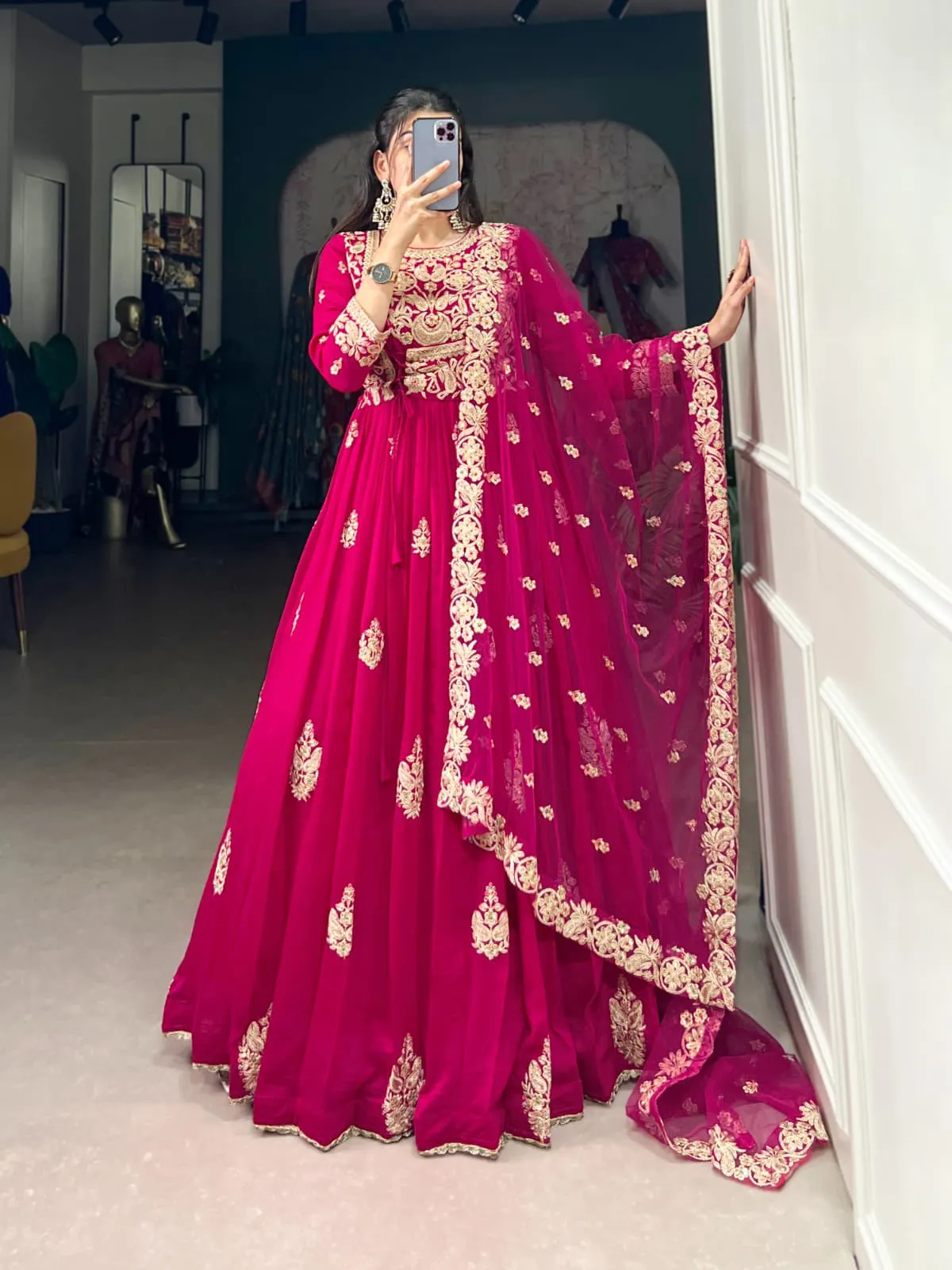 Festive Wear Silk Embroidery Gown With Dupatta