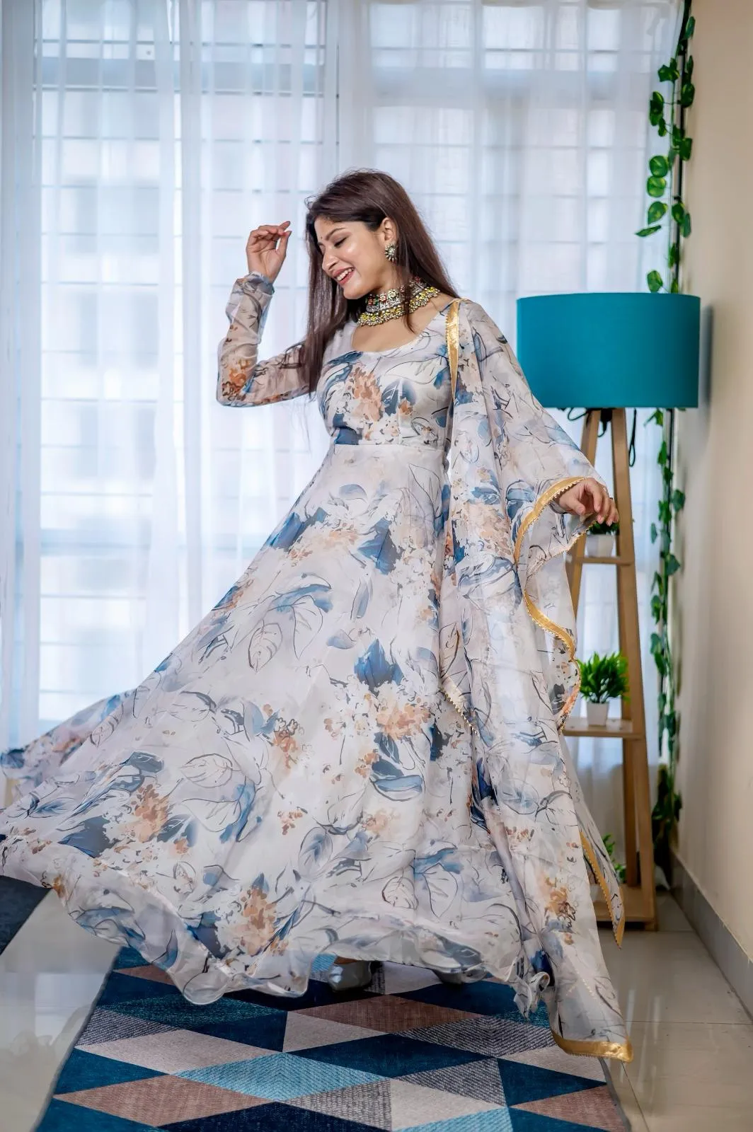 Floral Printed 8 mtr Flair Gown Dupatta