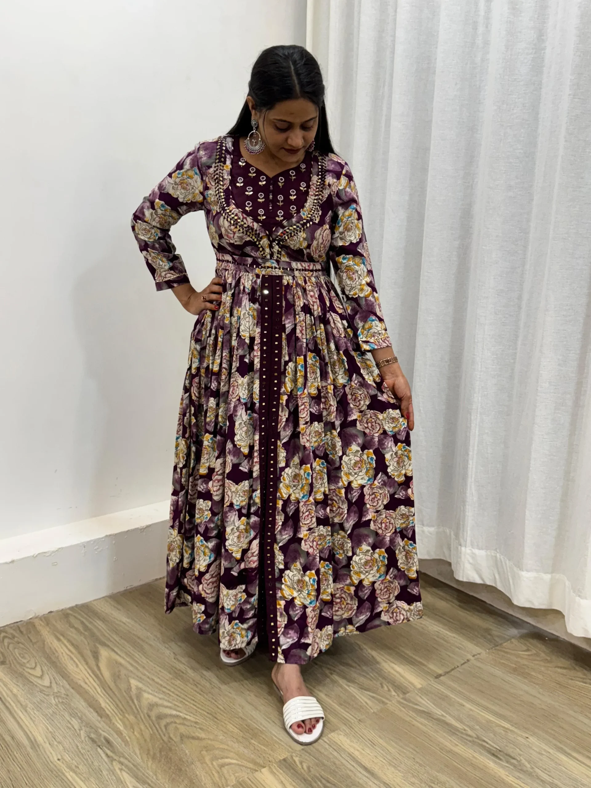 Floral Printed Slit Cut Gown With Handwork And Real Mirror Work