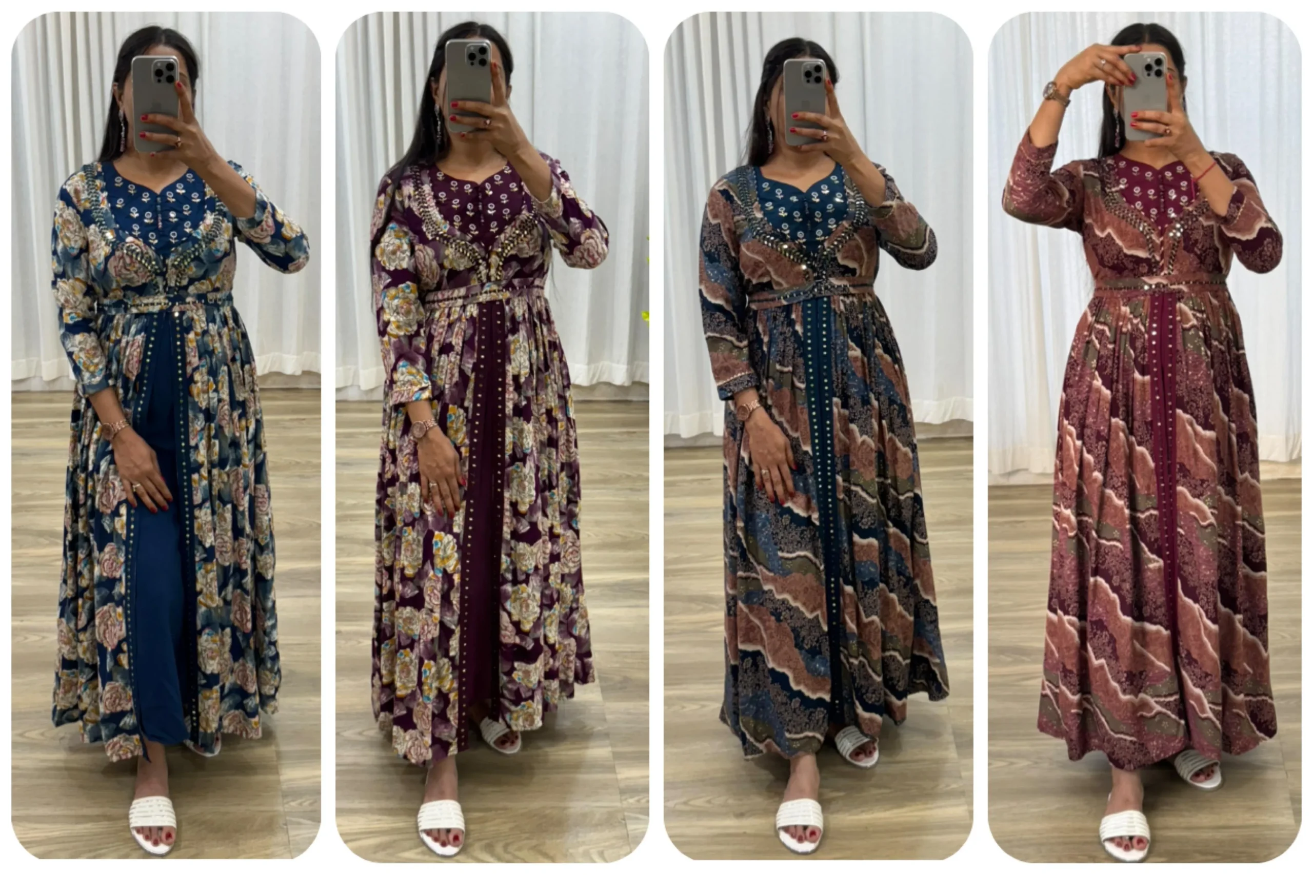 Floral Printed Slit Cut Gown With Handwork And Real Mirror Work