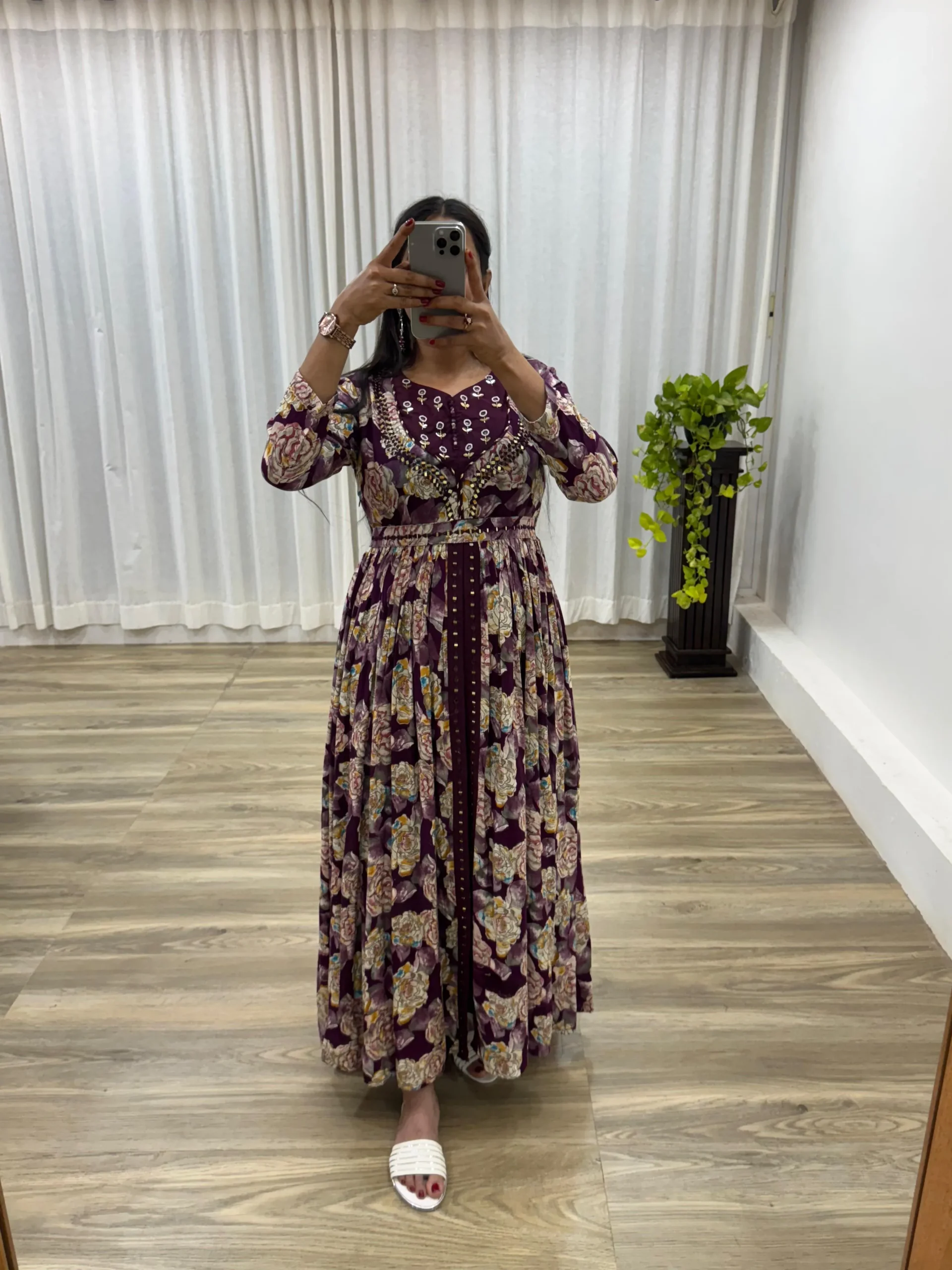 Floral Printed Slit Cut Gown With Handwork And Real Mirror Work