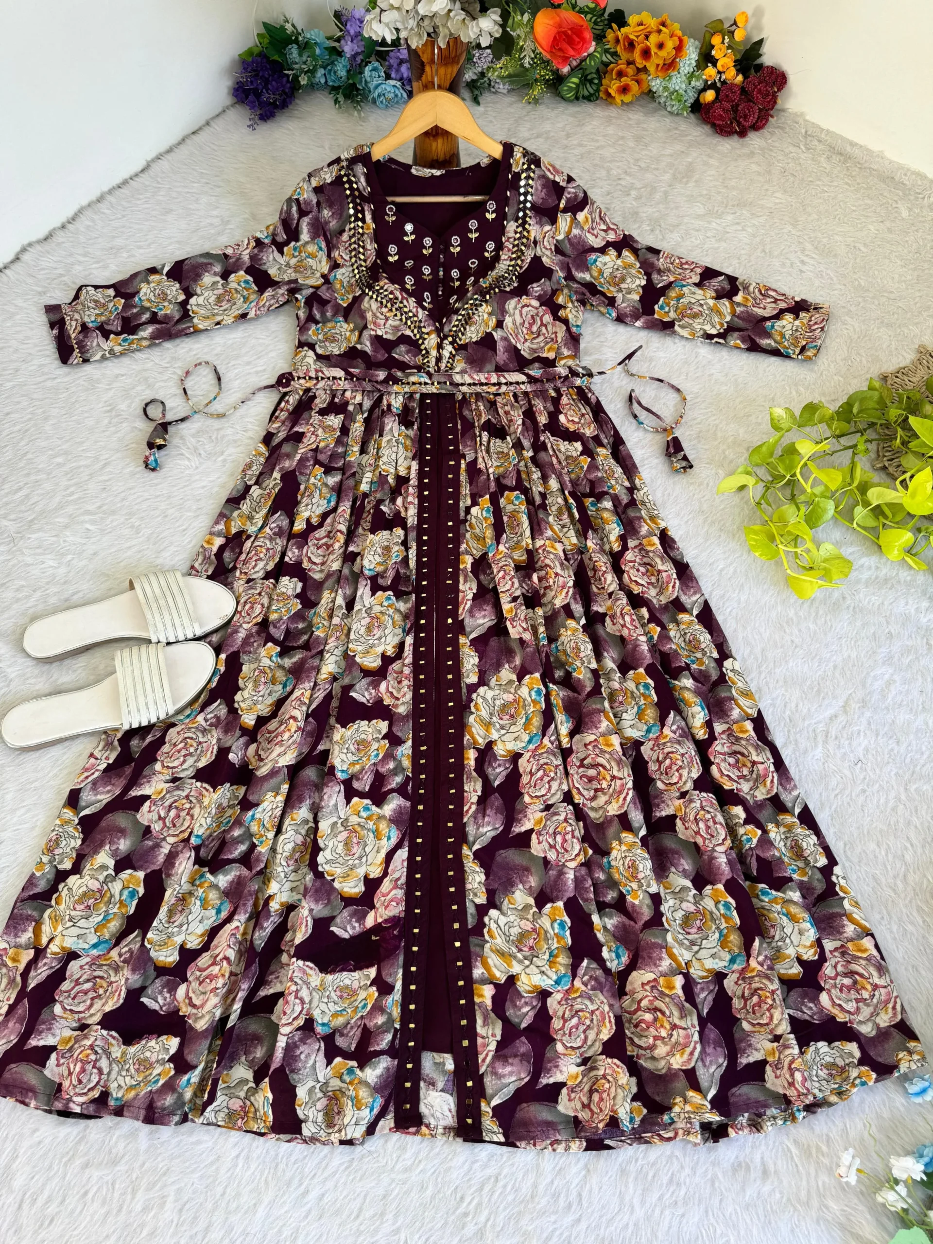 Floral Printed Slit Cut Gown With Handwork And Real Mirror Work