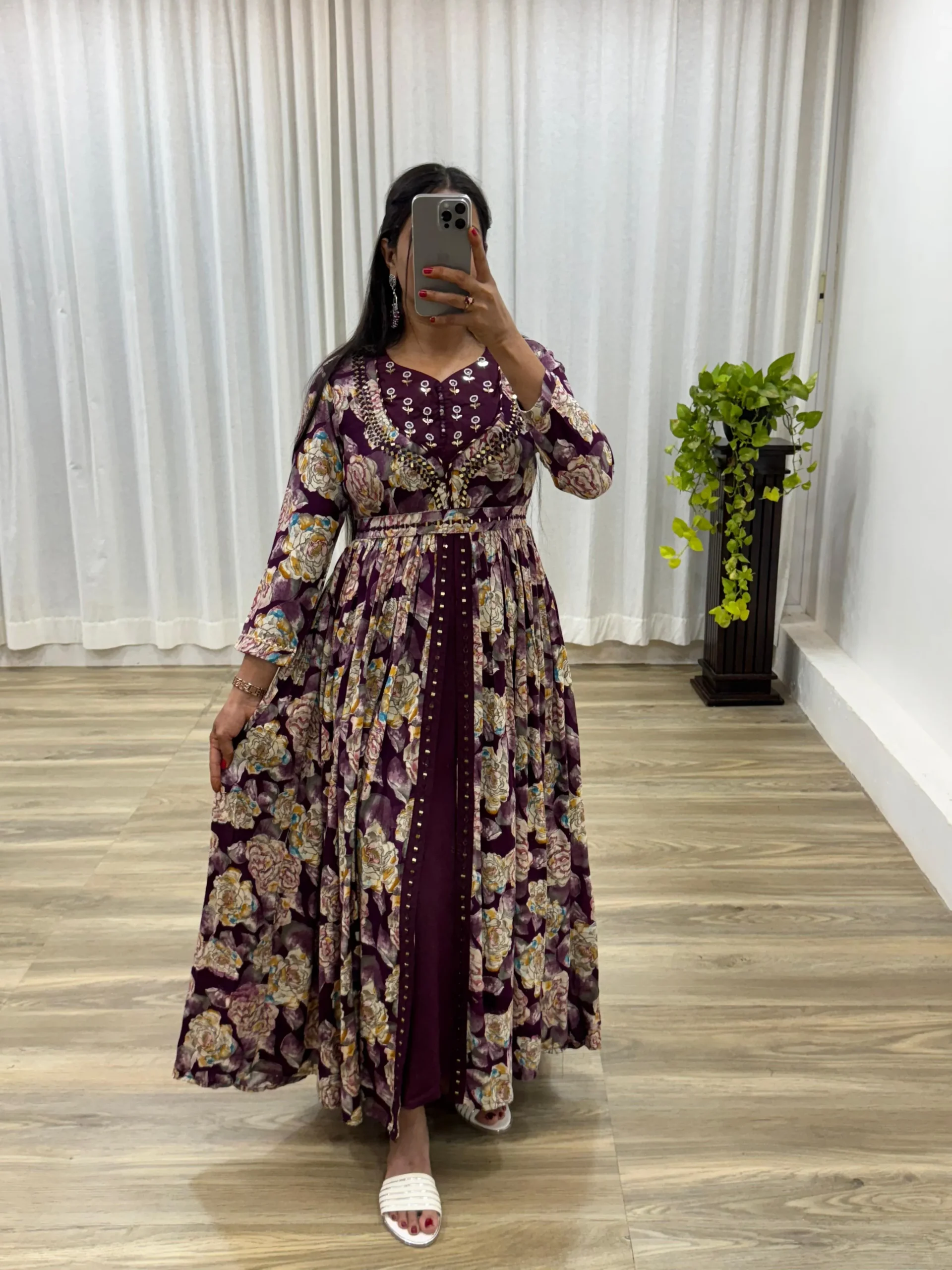 Floral Printed Slit Cut Gown With Handwork And Real Mirror Work