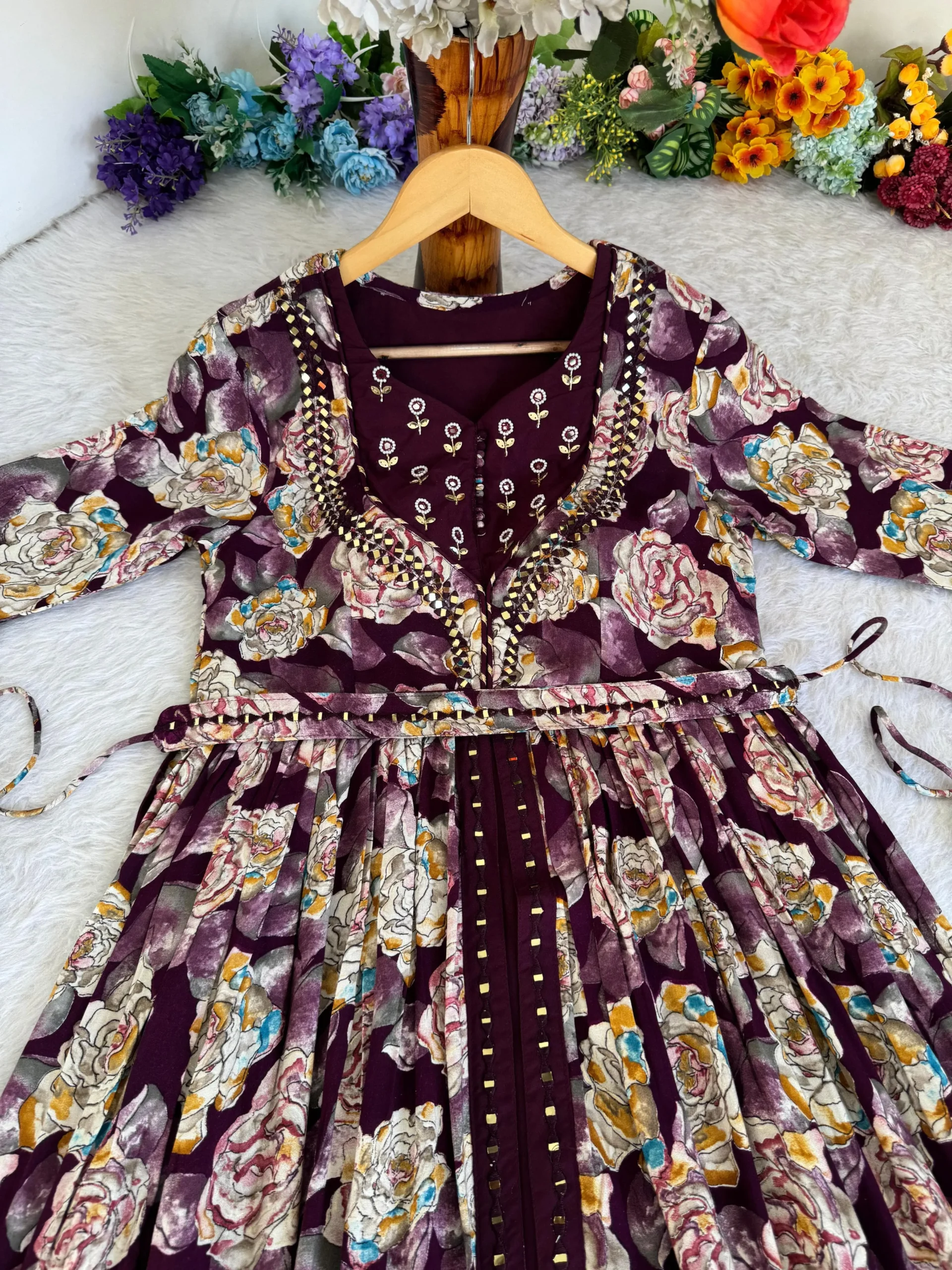 Floral Printed Slit Cut Gown With Handwork And Real Mirror Work