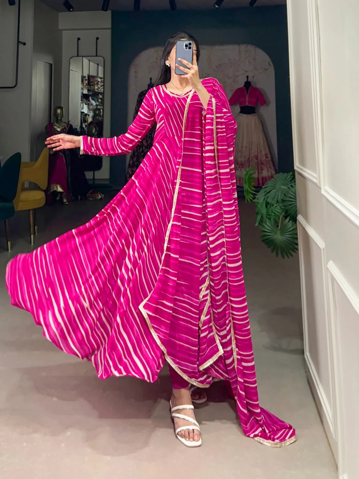 Leheriya Printed Readymade Gown For Girls