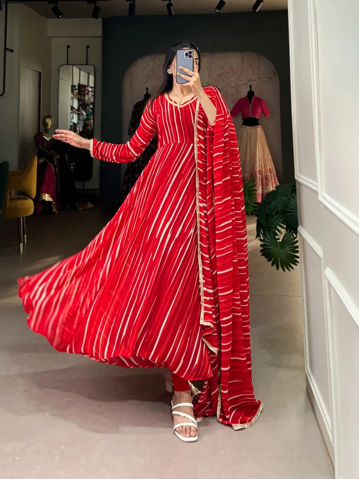 Leheriya Printed Readymade Gown For Girls