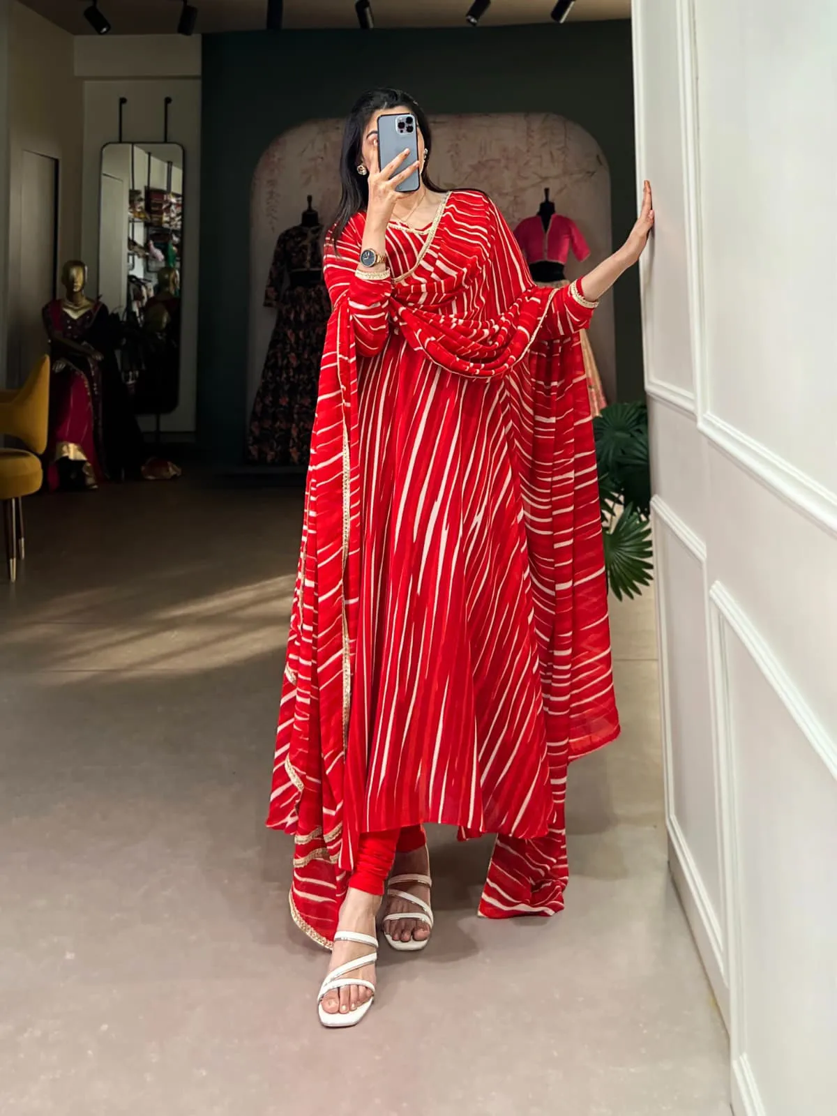 Leheriya Printed Readymade Gown For Girls