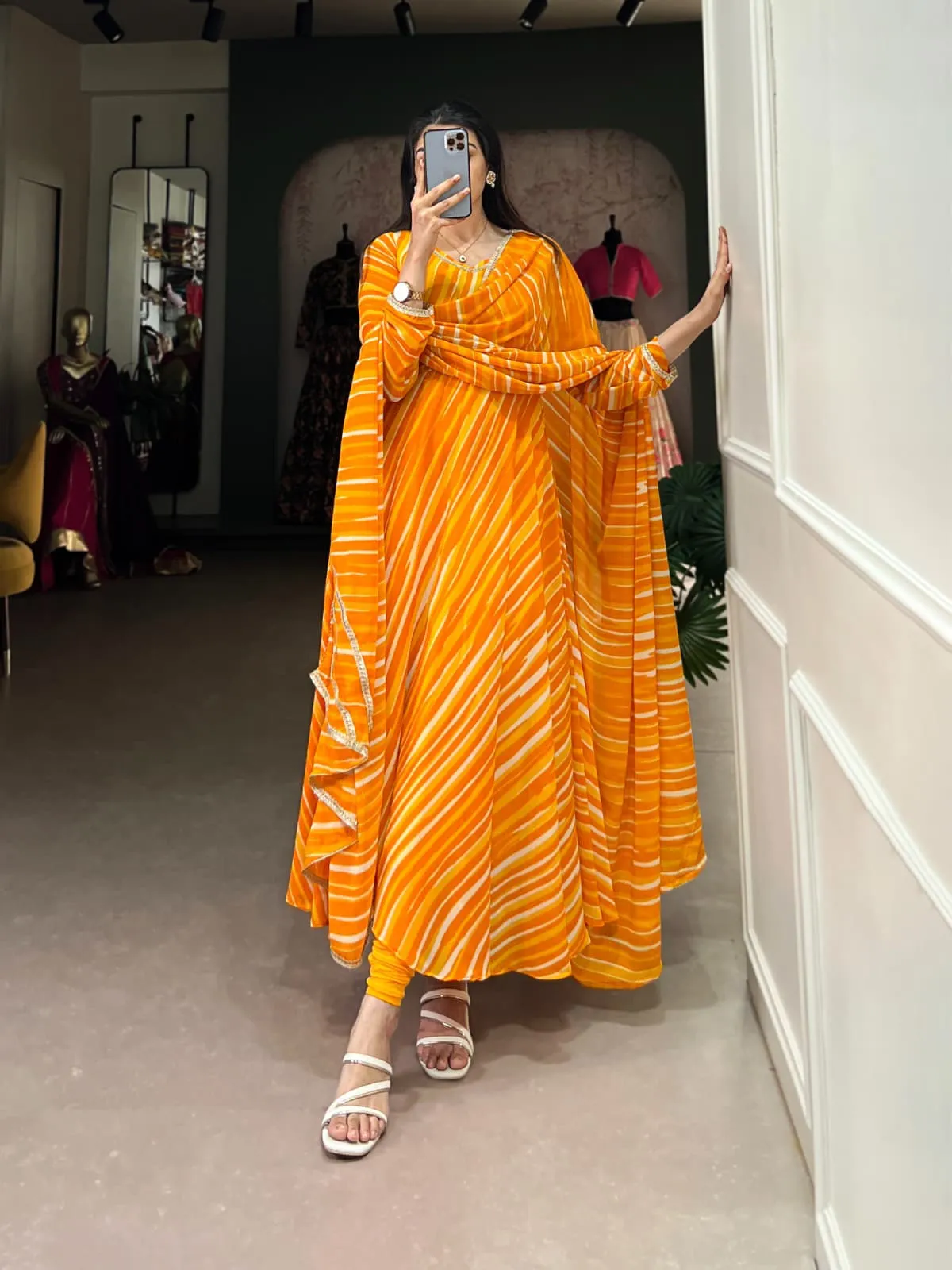 Leheriya Printed Readymade Gown For Girls