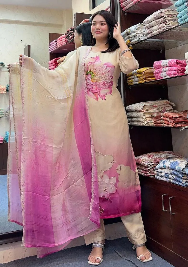 Organza Handwork Kurti Pant Dupatta Set