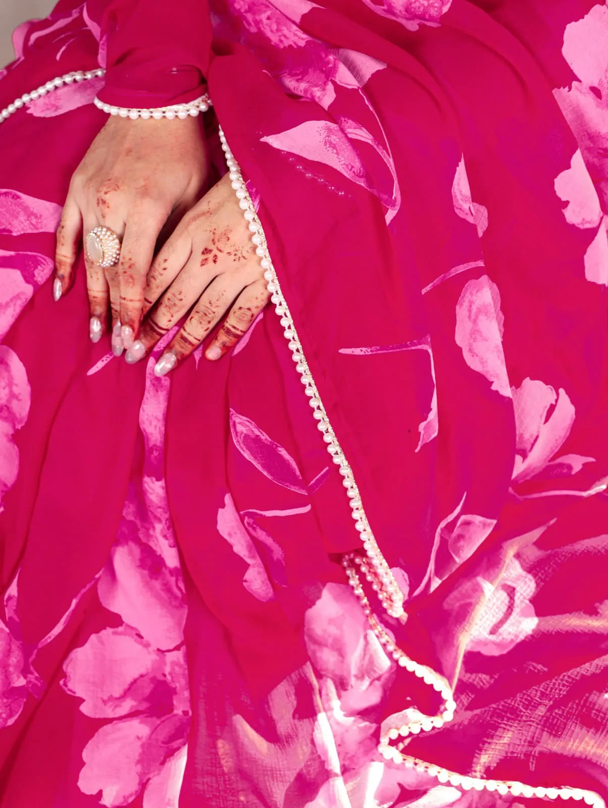 Pearl Border With Floral Saree For Girls