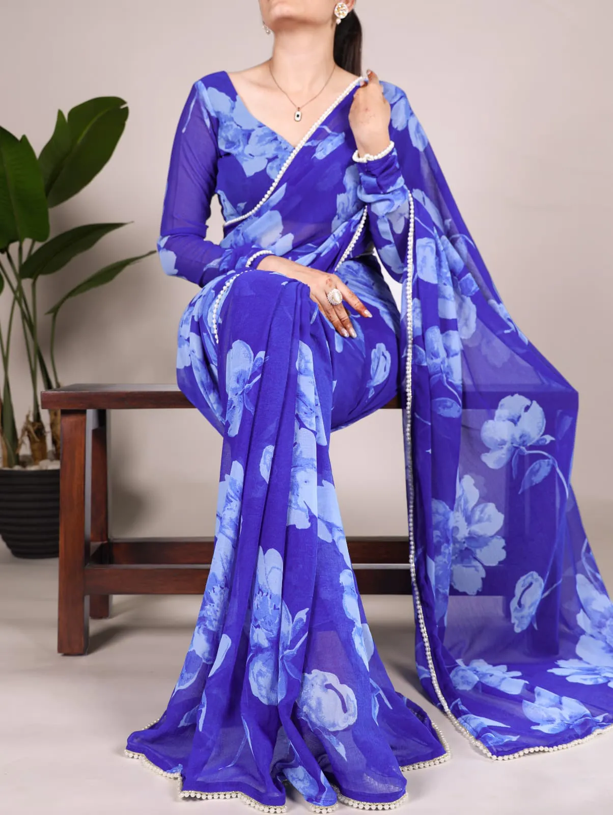 Pearl Border With Floral Saree For Girls