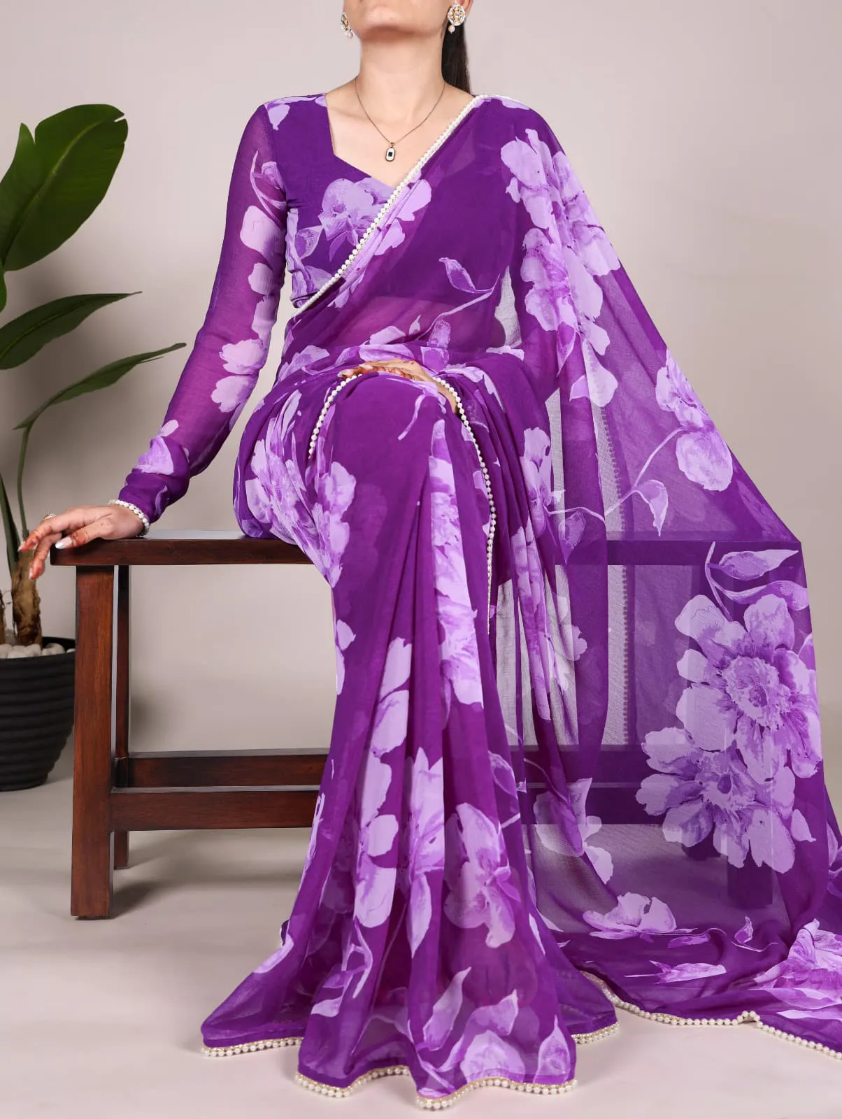 Pearl Border With Floral Saree For Girls