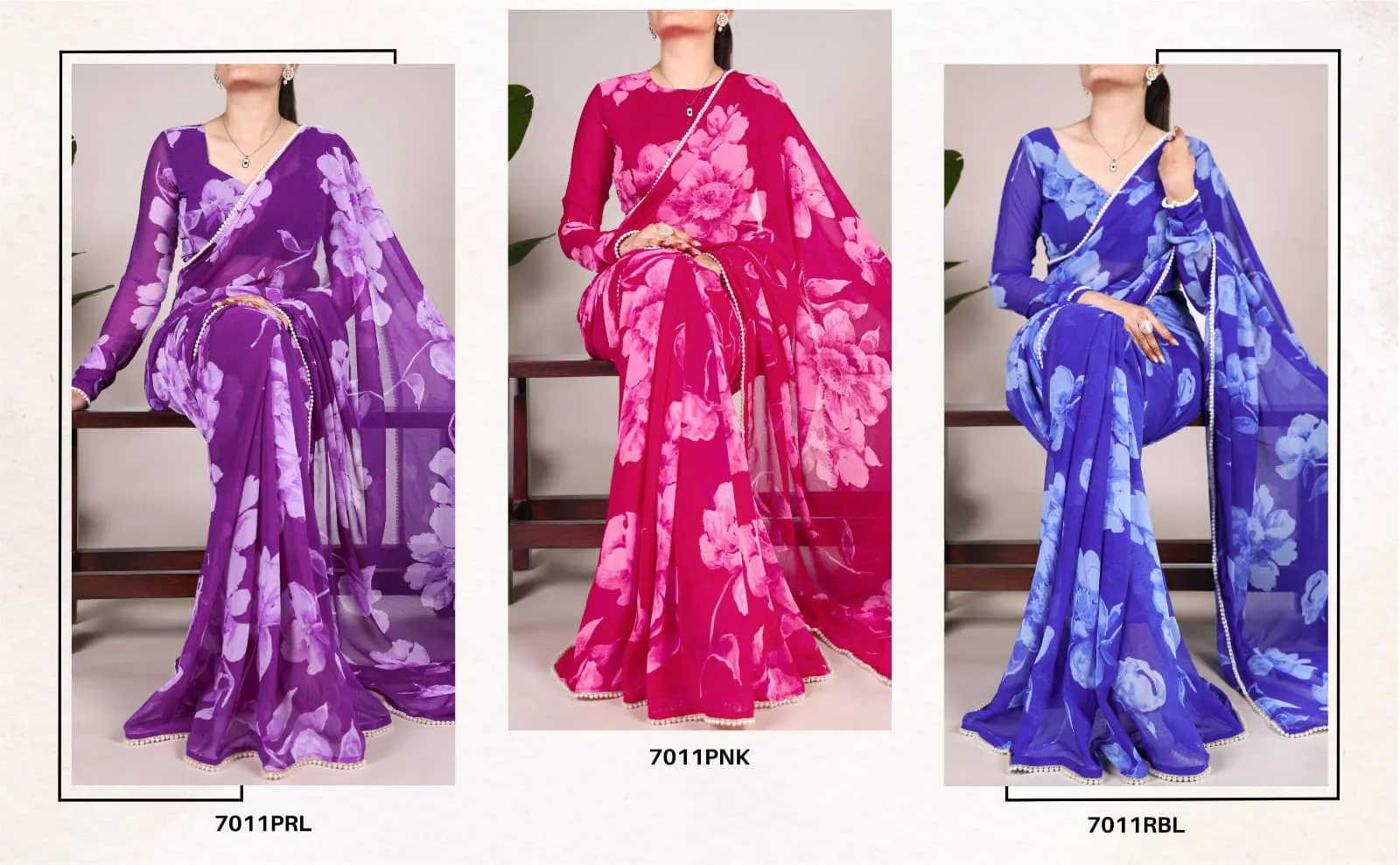 Pearl Border With Floral Saree For Girls