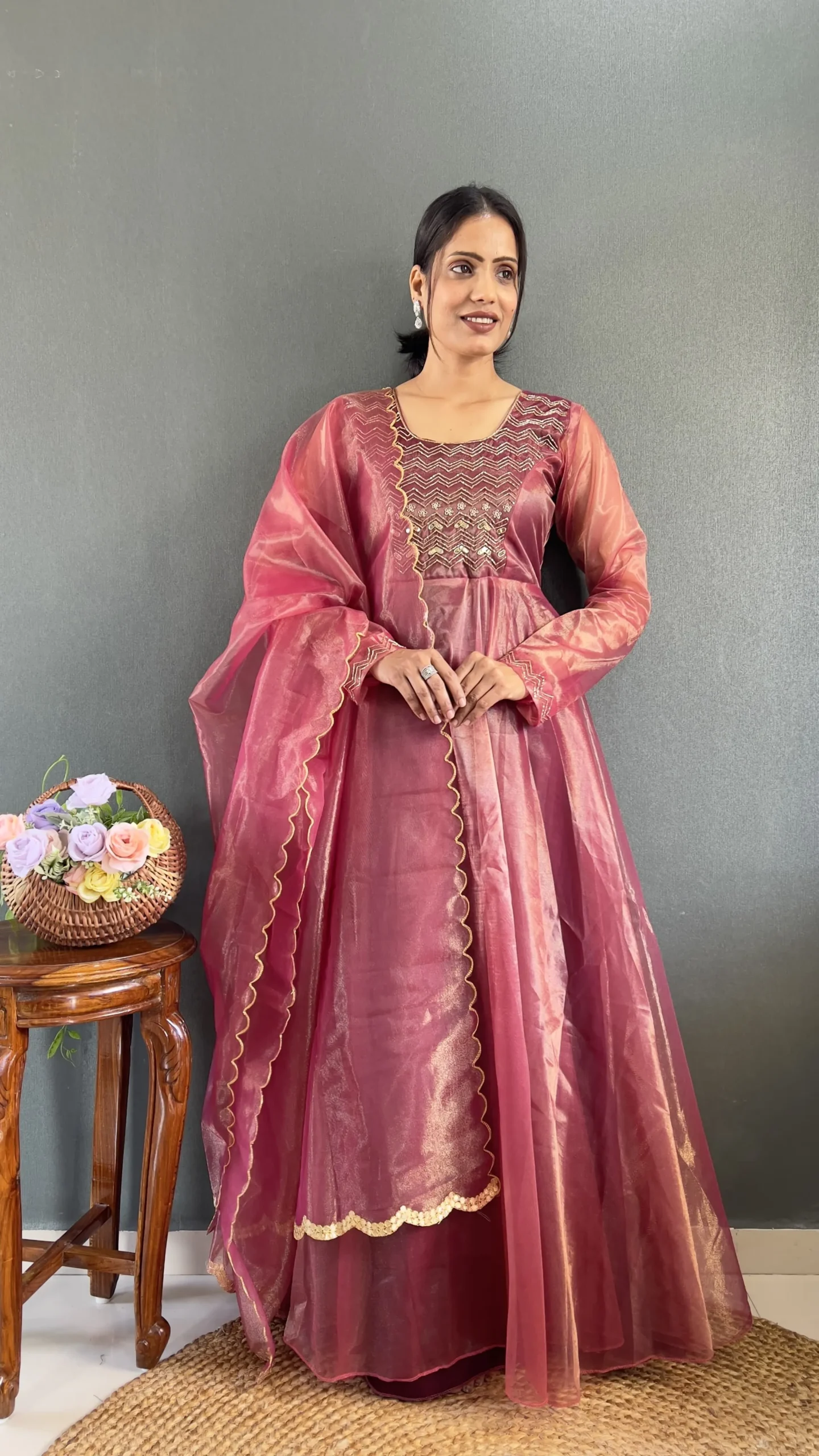Premium Tissue Silk Handwork Gown With Dupatta Most Trending