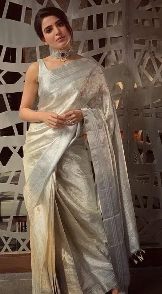 Samantha Prabhu Silver Tissue Silk Saree